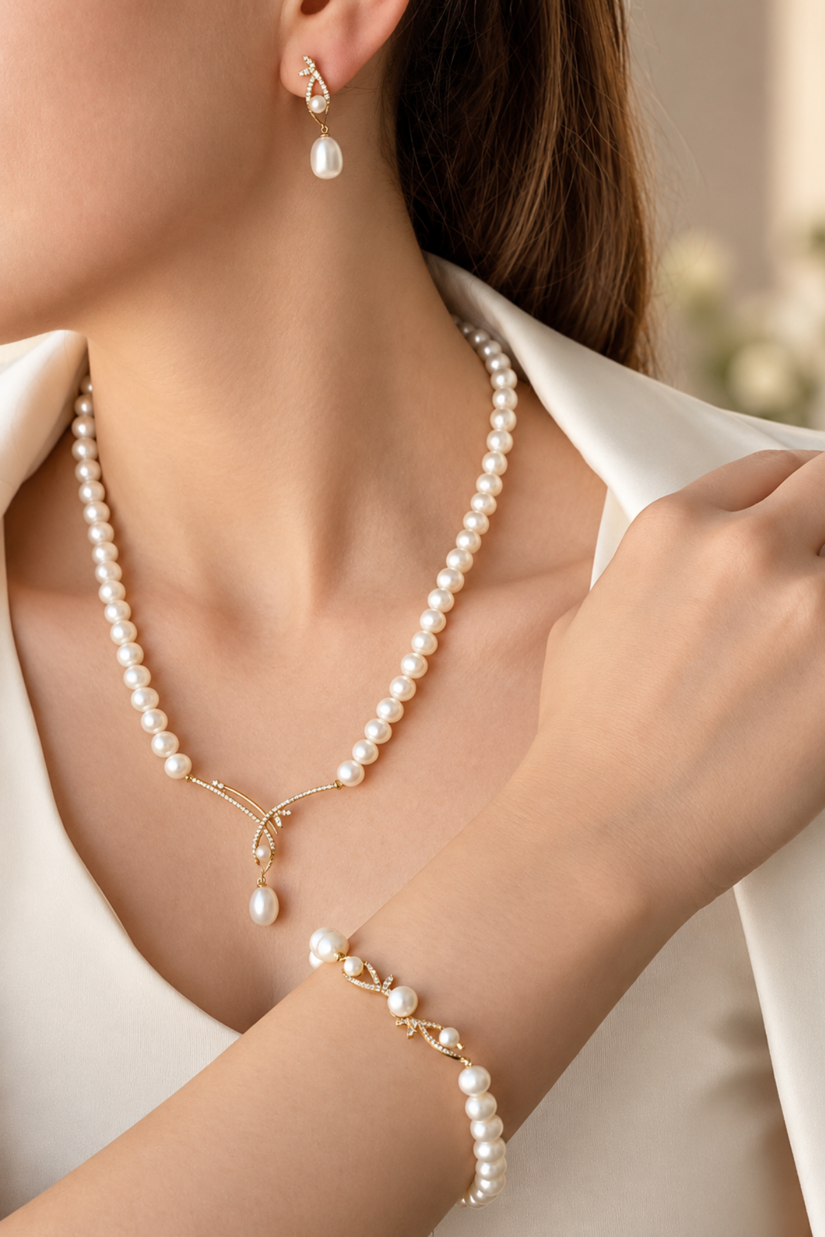 Yaprak Taşlı Doğal İncili Küpe Kolye Bileklik Üçlü Set