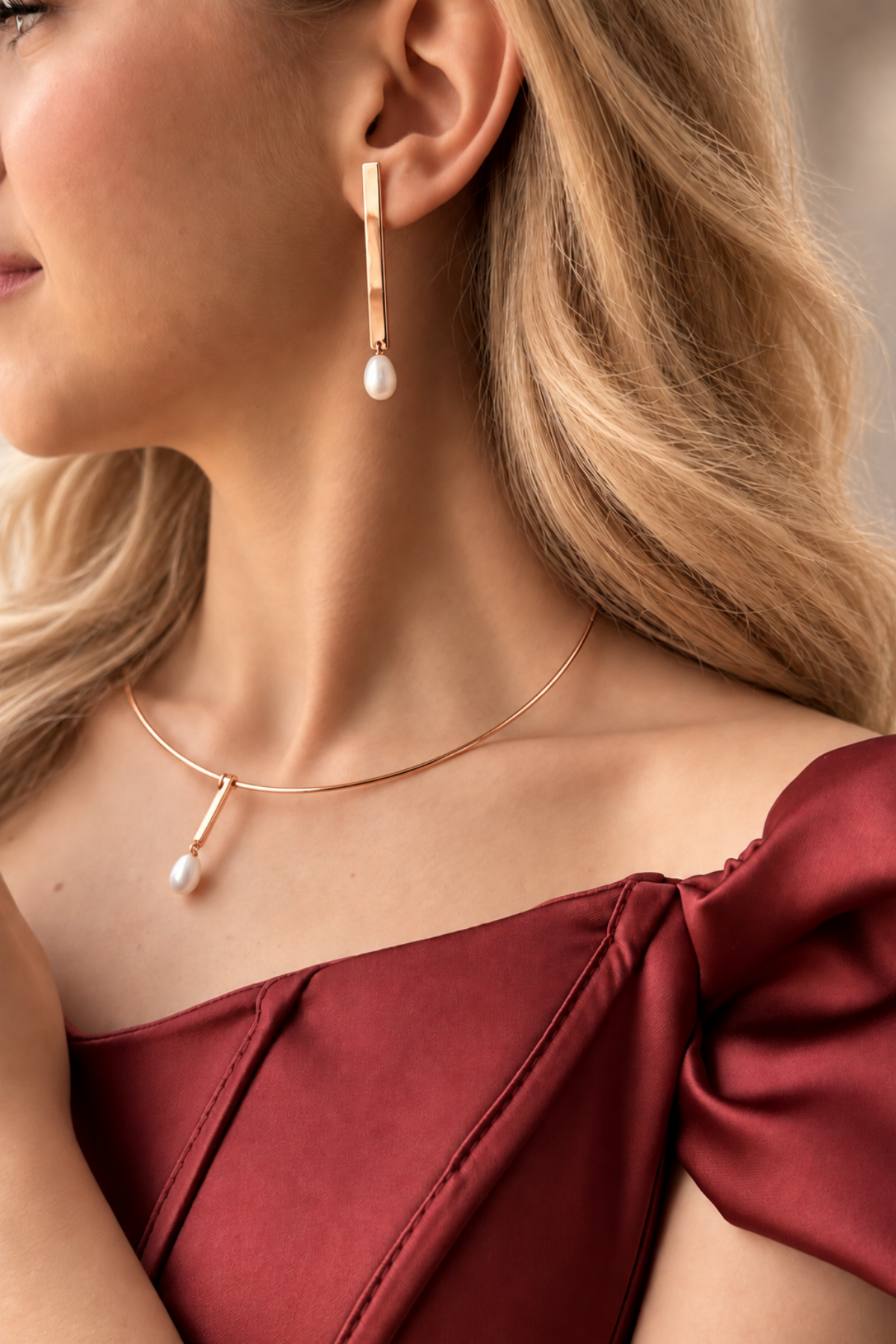 Doğal İnci Choker Küpe Kolye İkili Set