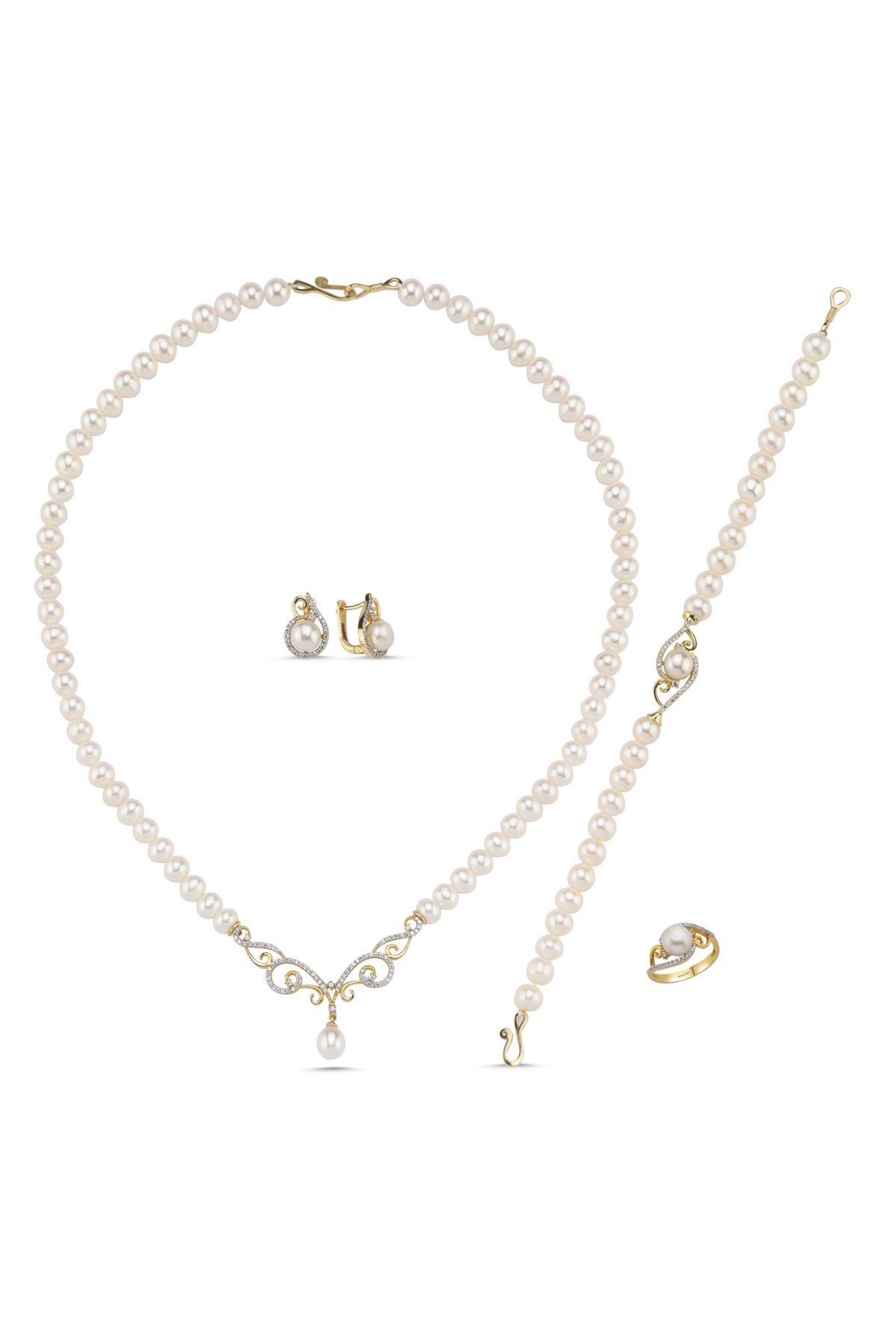 Taşlı Doğal İnci Kolye Bileklik Yüzük Küpe Dörtlü Set