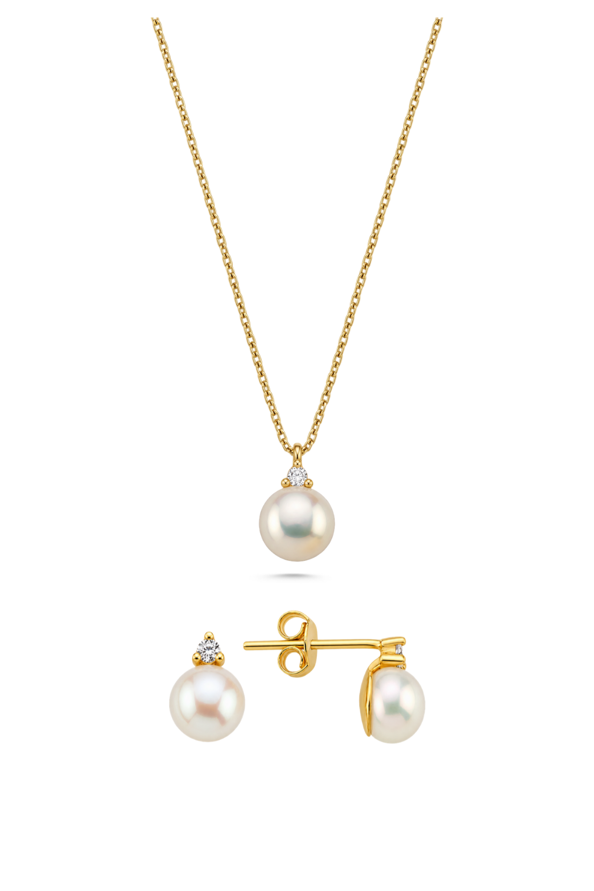 Doğal İnci 0,15 Karat Pırlantalı Küpe Kolye İkili Set