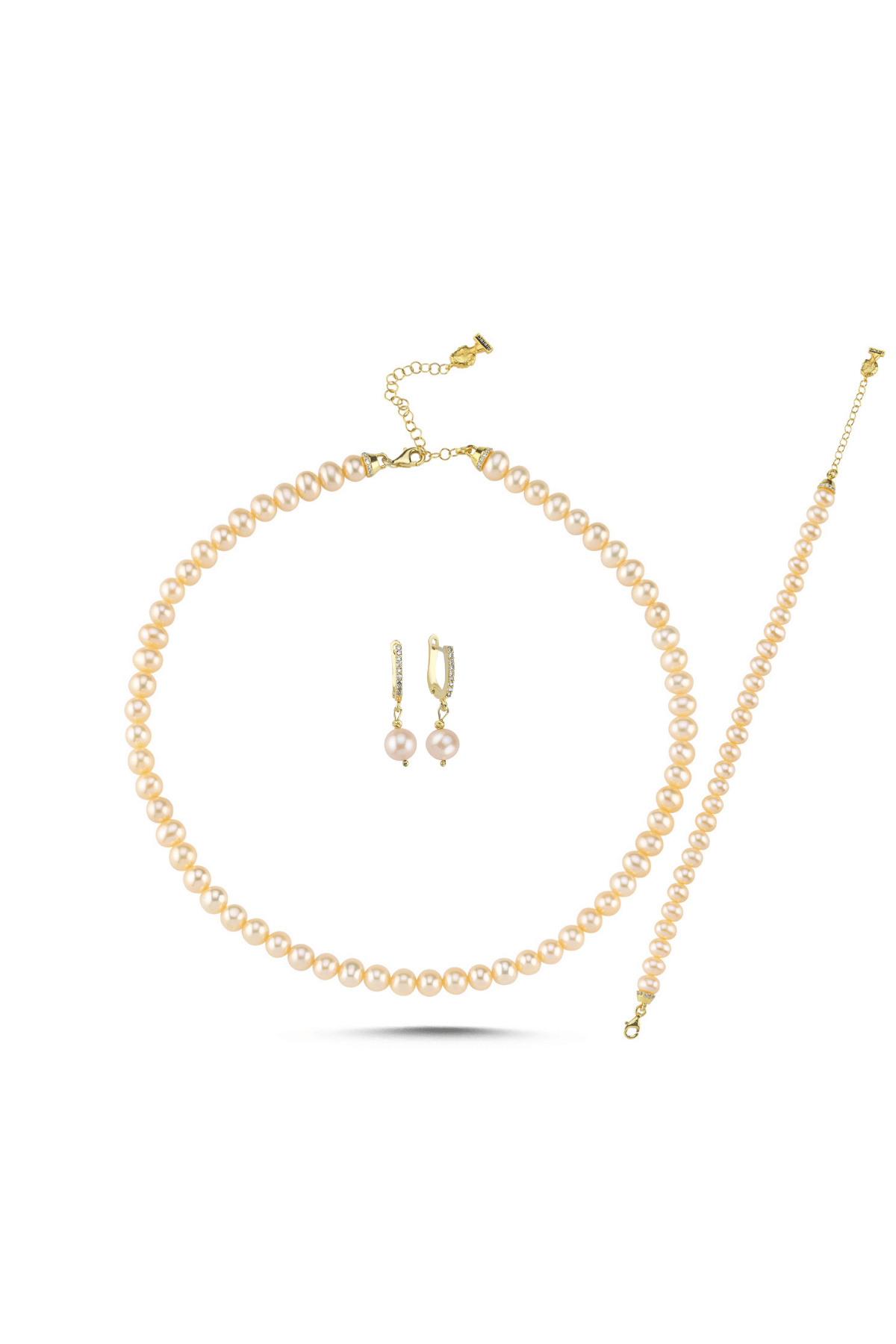 Şeftali Tonu Doğal İnci Kolye Bileklik Küpe Üçlü Set | | Birinci1926