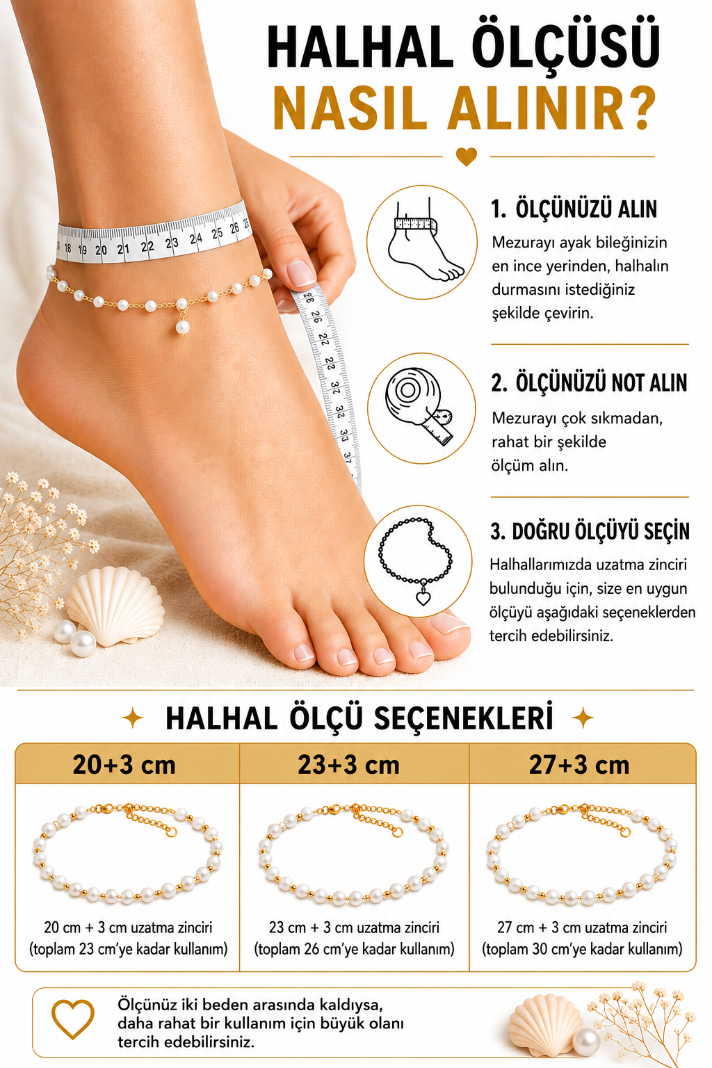 Doğal inci halhal ölçüsü nasıl alınır, ayak bileği ölçü alma talimatları ve seçenekleri.