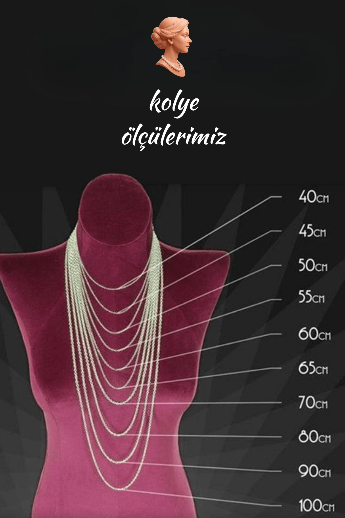 Kolye ölçüleri gösteren görsel, farklı uzunluklarda 40cm'den 100cm'ye kadar olan seçenekleri sunmaktadır.