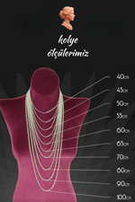 Kolye ölçüleri gösteren görsel, farklı uzunluklarda 40cm'den 100cm'ye kadar olan seçenekleri sunmaktadır.