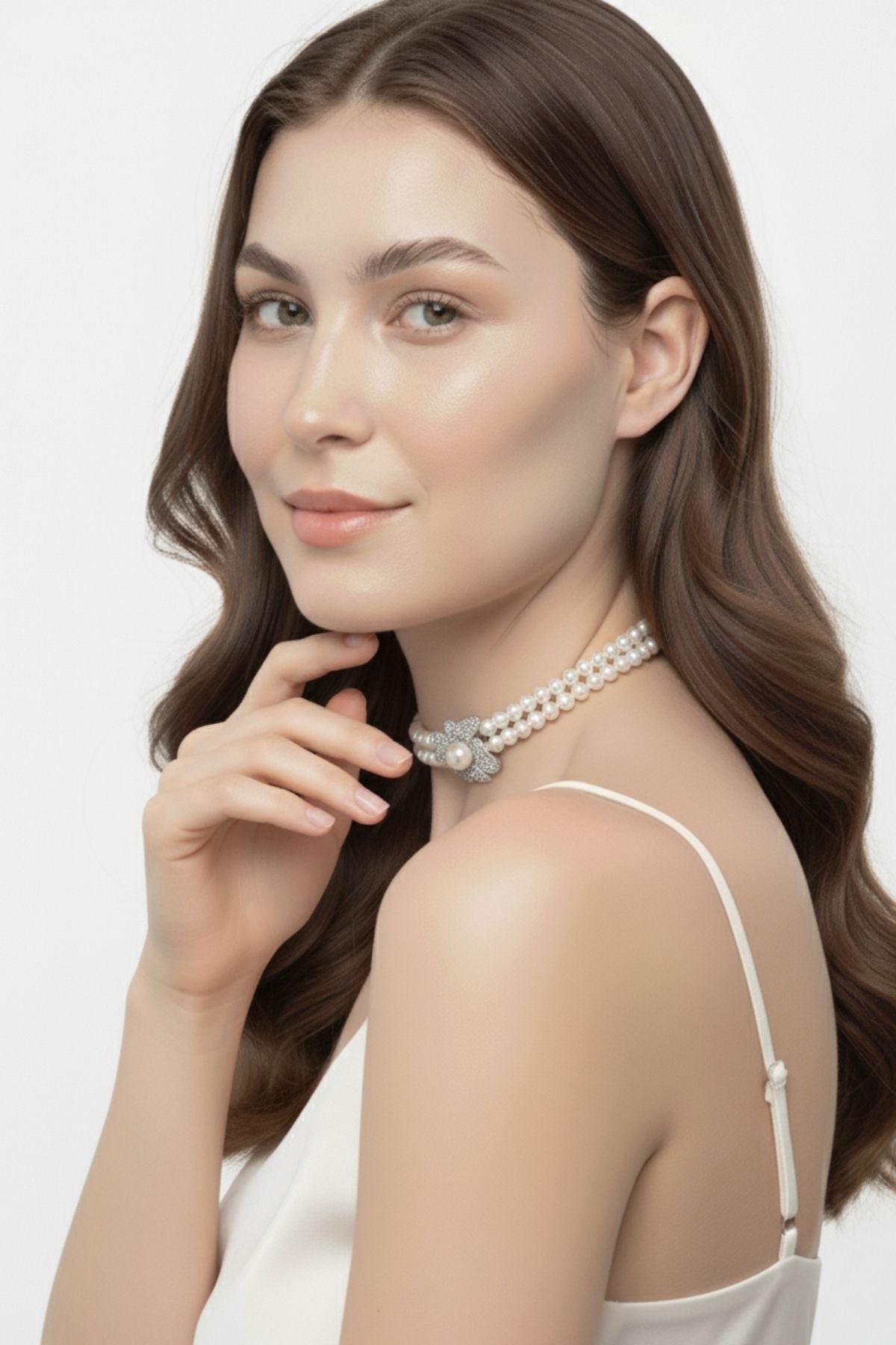 Çift Sıra Çiçek Tokalı İnci Kolye