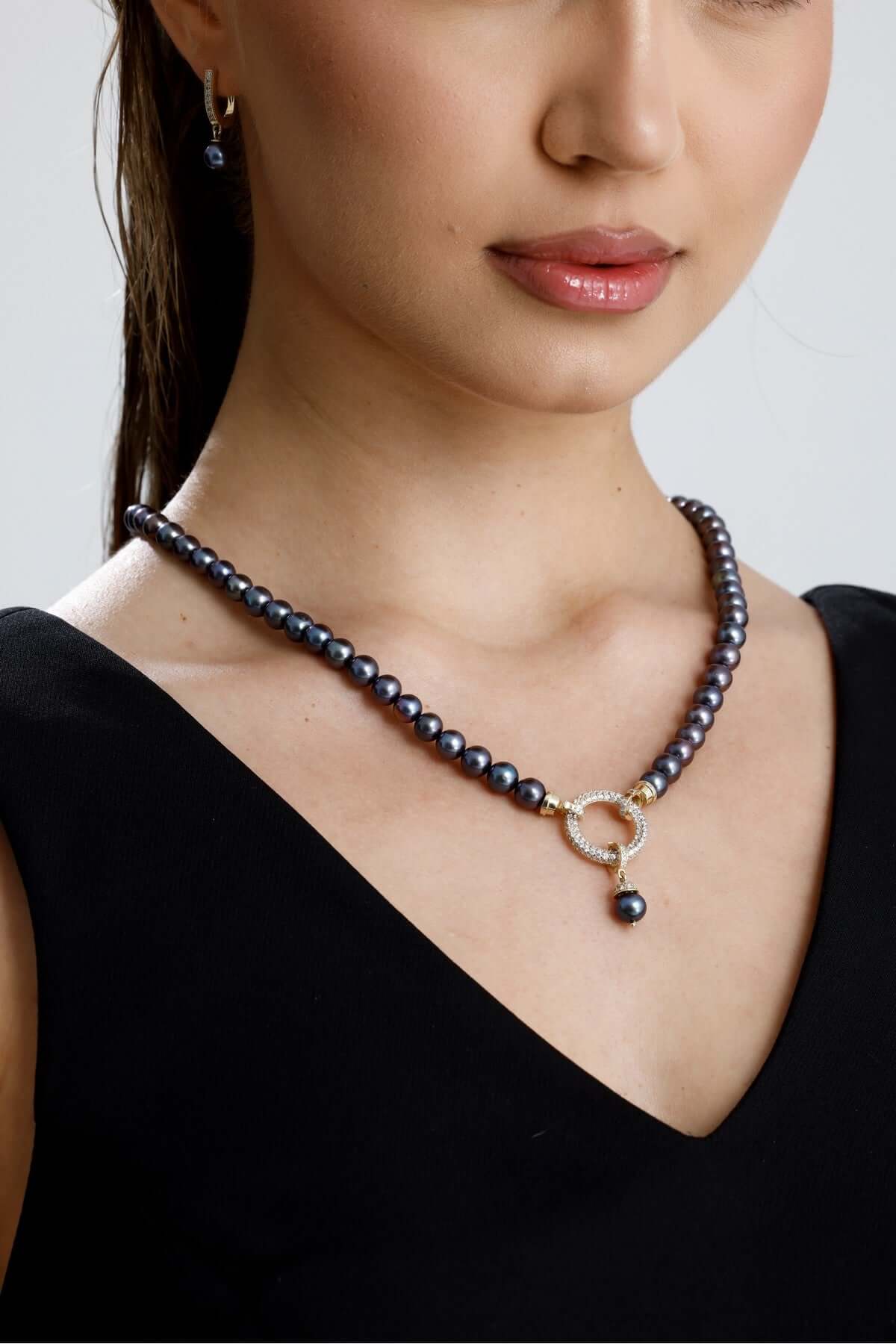 Halka Kilitli Siyah Doğal İnci Kolye | İnci Kolye | Birinci1926