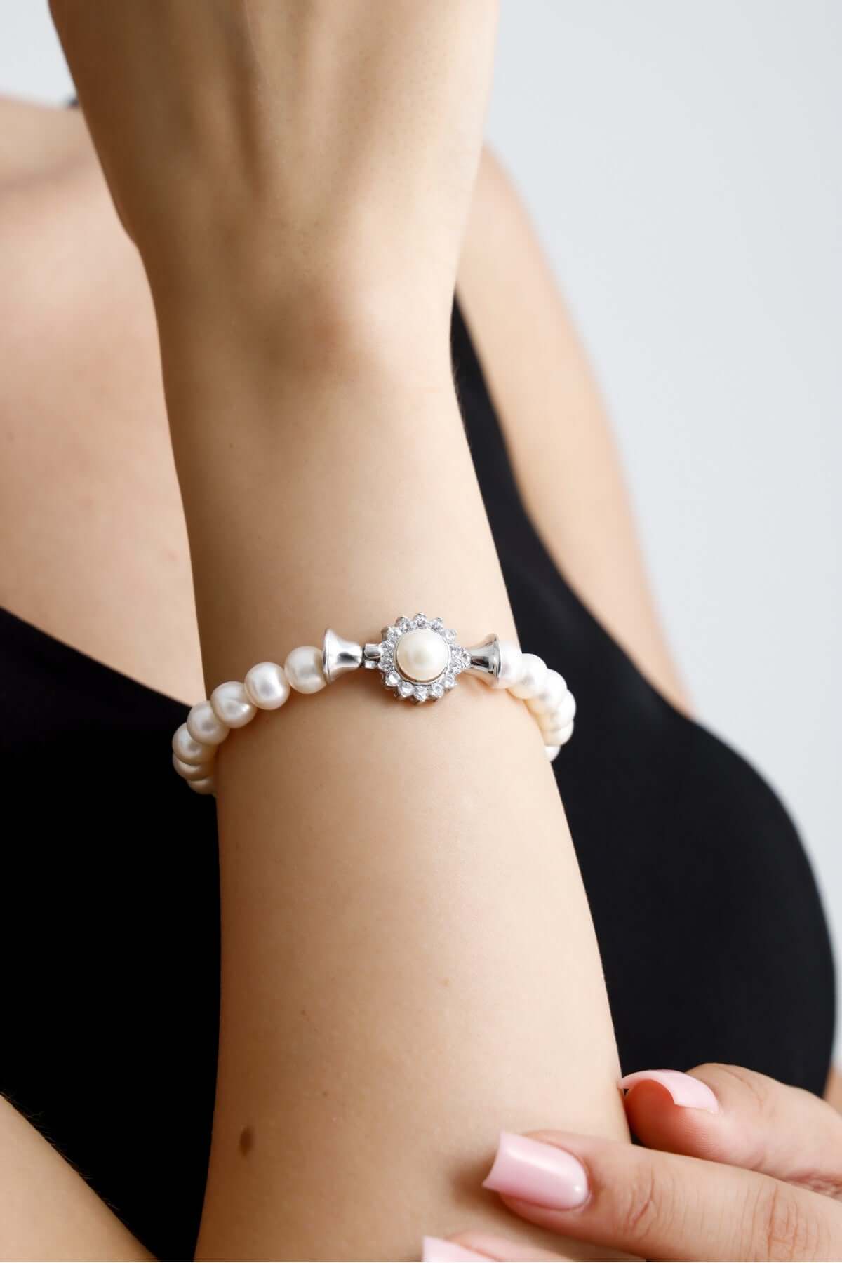 Papatya Zirkon Taşlı Doğal İnci Kolye Bileklik Küpe Yüzük Dörtlü Set | İnci Set | Birinci1926