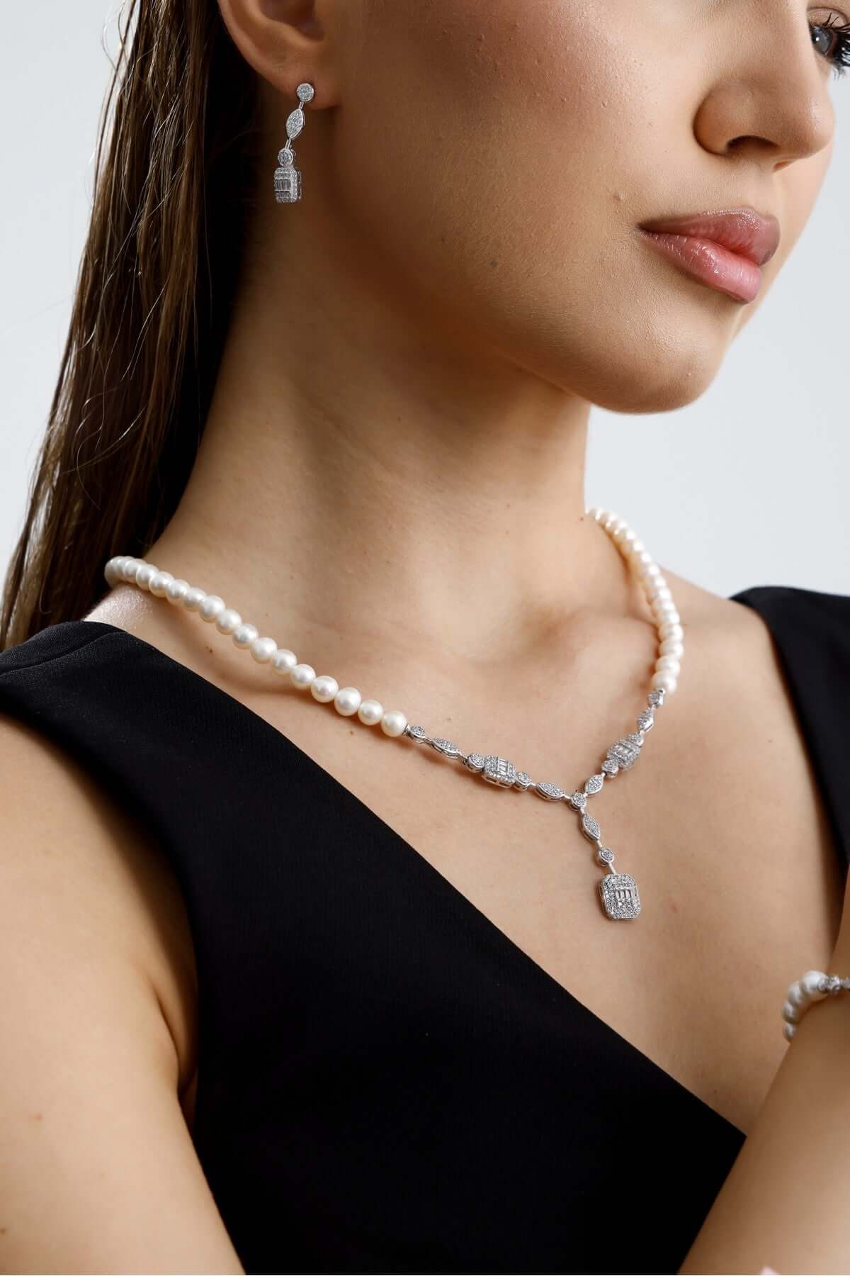 Baget Taşlı Doğal İnci Küpe Kolye Bileklik Yüzük Dörtlü Set | | Birinci1926