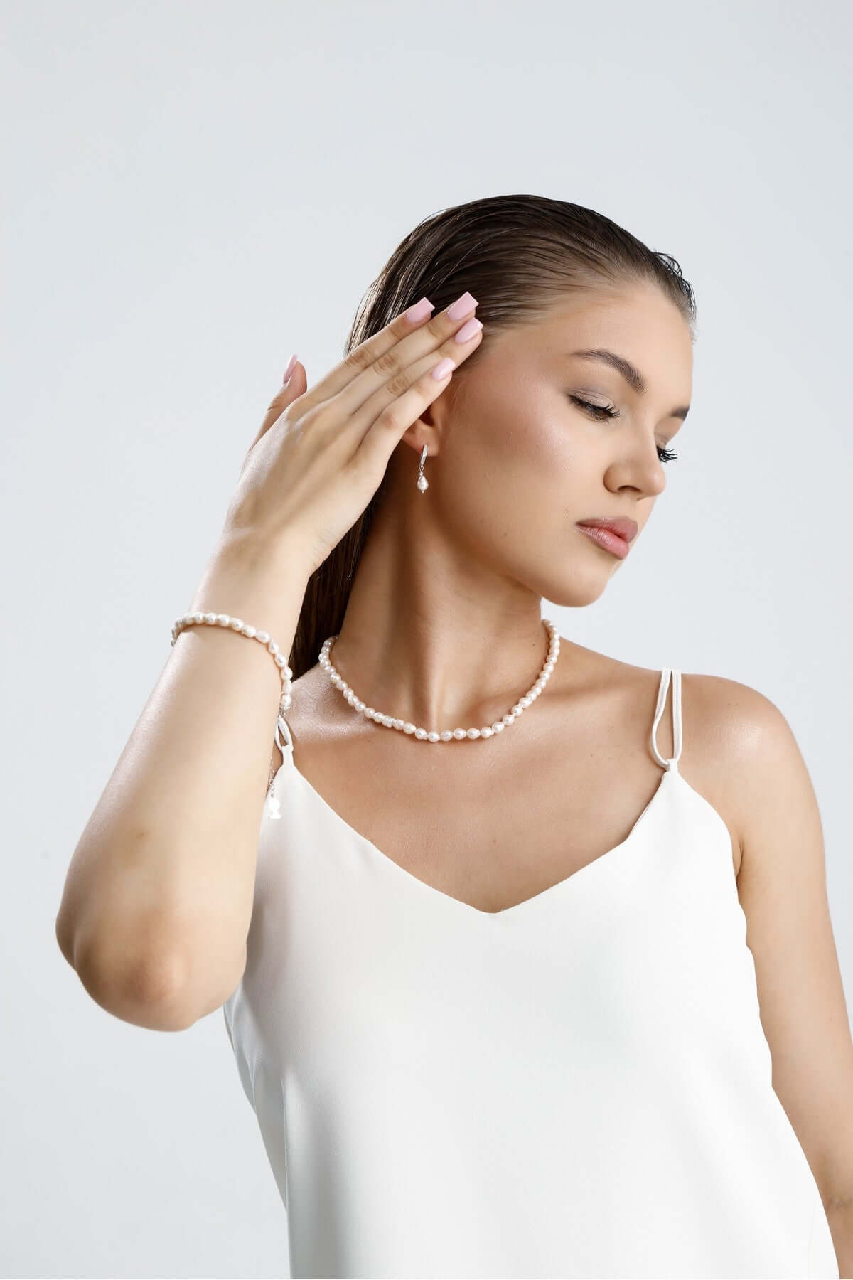 Sıralı Damla Doğal İnci Kolye Bileklik Küpe Üçlü Set | İnci Set | Birinci1926