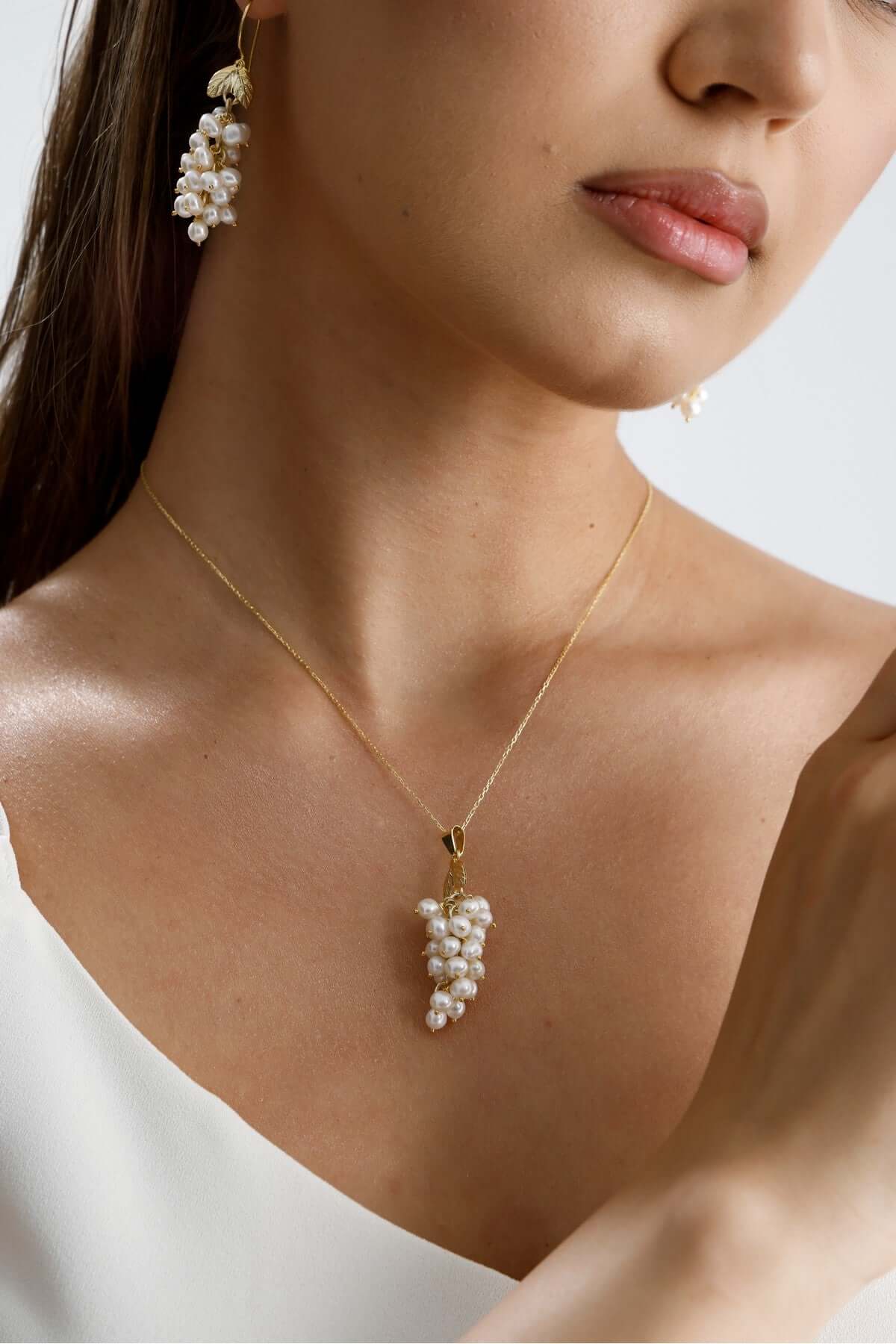 Üzüm Salkımı Doğal İnci Küpe Kolye Yüzük Üçlü Set | | Birinci1926