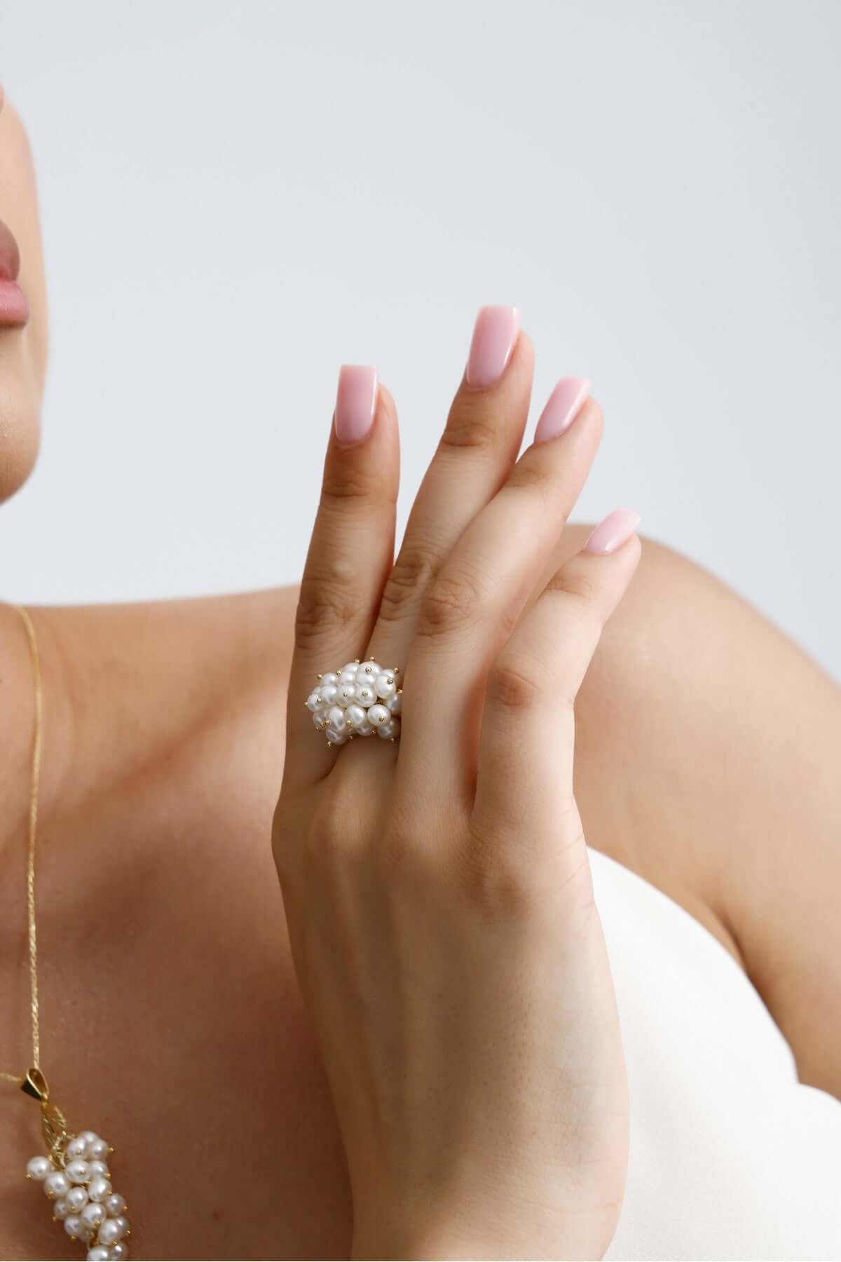 Üzüm Salkımı Doğal İnci Küpe Yüzük İkili Set | | Birinci1926