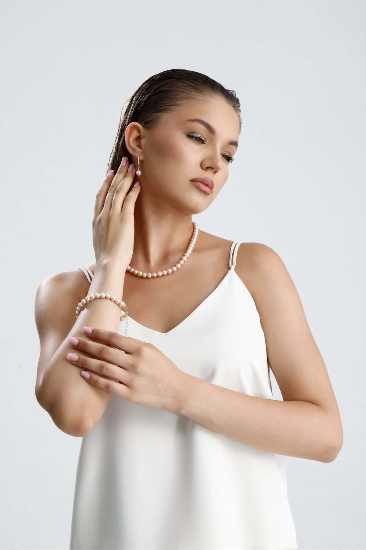 Pudra Pembe Doğal İnci Kolye Bileklik Küpe Üçlü Set | İnci Set | Birinci1926