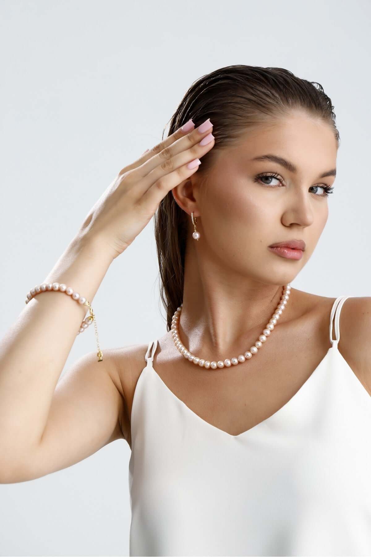 Pudra Pembe Doğal İnci Kolye Bileklik Küpe Üçlü Set | İnci Set | Birinci1926