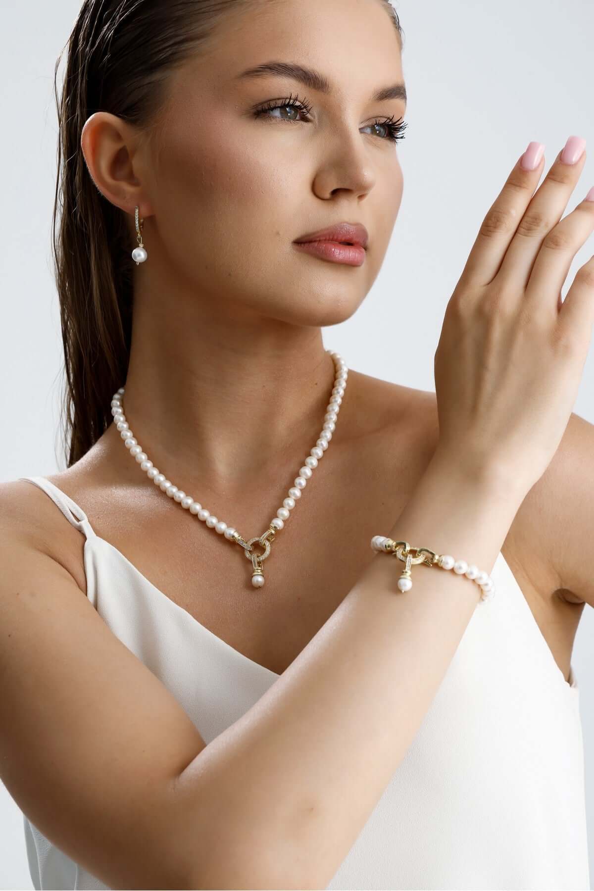 Halka Kilitli Doğal İnci Küpe Kolye Bileklik Üçlü Set | | Birinci1926