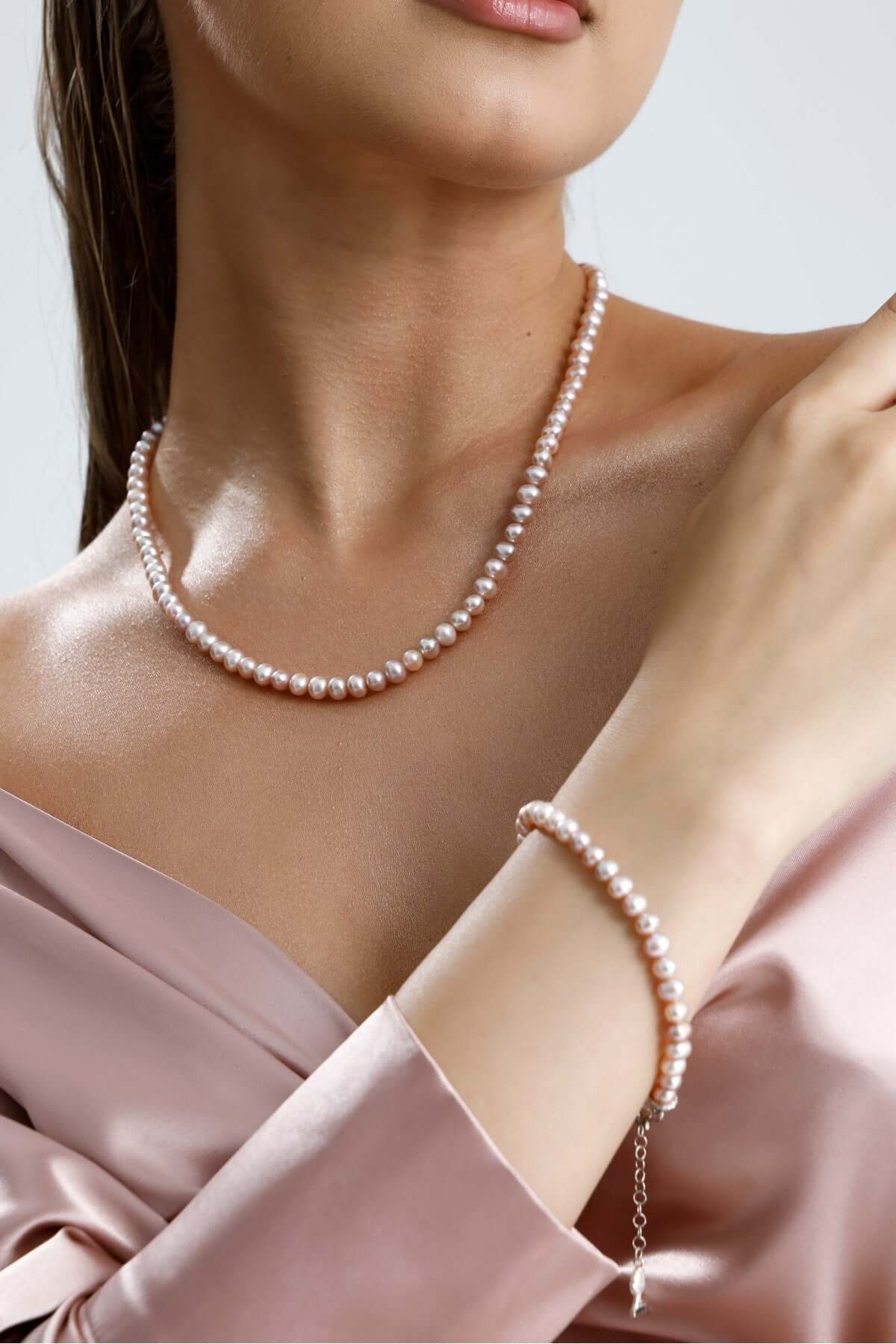 Pembe Doğal İnci Kolye Bileklik İkili Set | İnci Set | Birinci1926