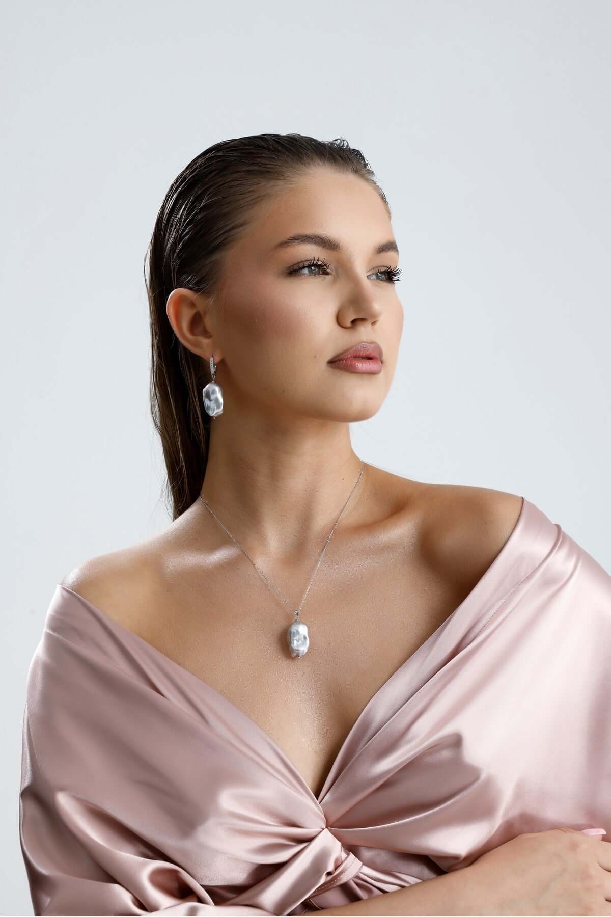 Gri Barok Doğal İnci Kolye Küpe İkili Set | İnci Set | Birinci1926