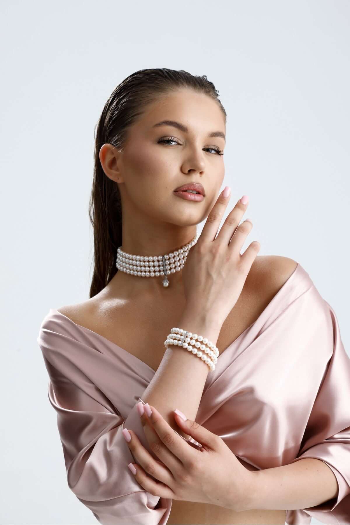 Choker Zirkon Taşlı Doğal İnci Kolye Bileklik İkili Set | | Birinci1926