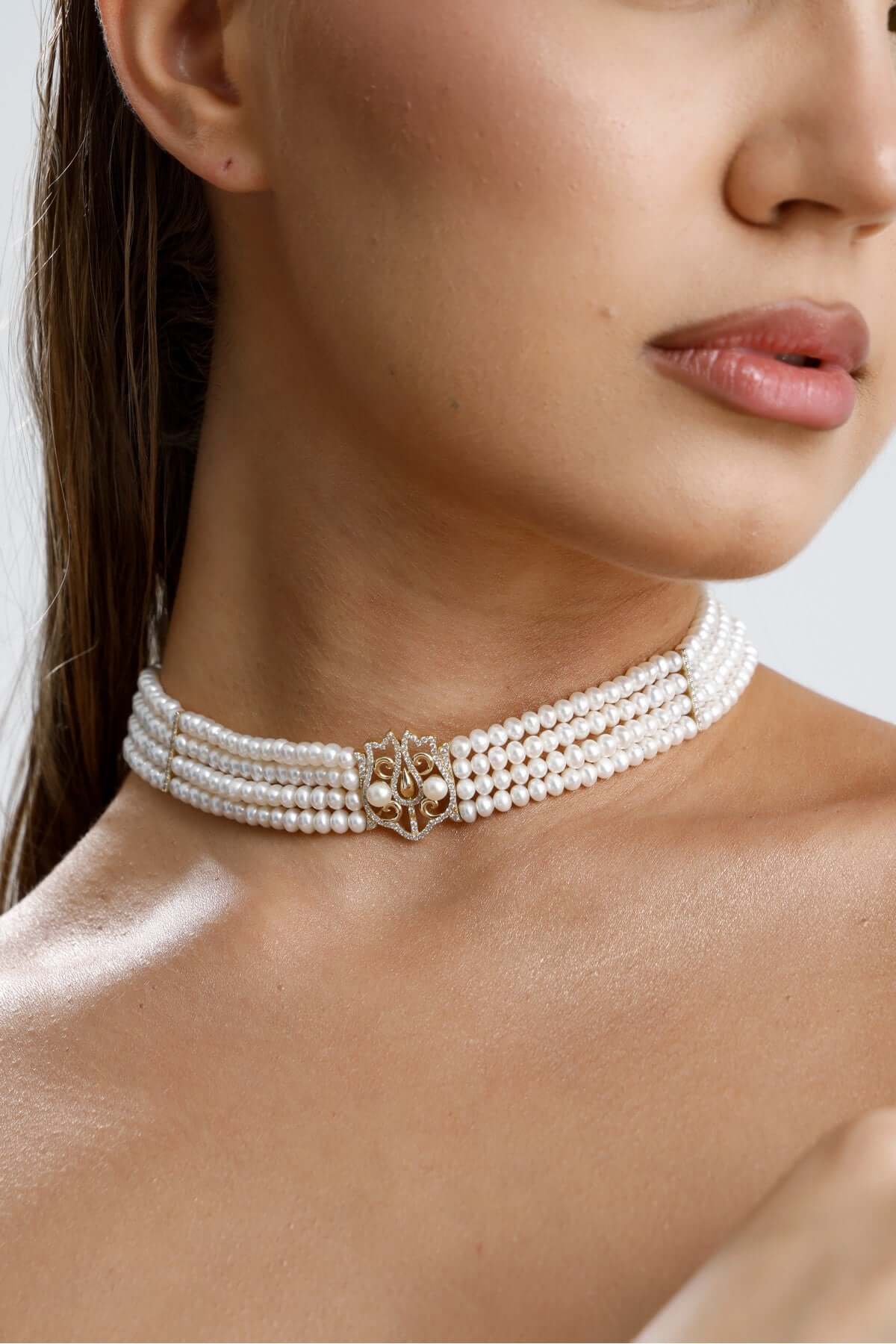 Lale Motif Dört Sıralı Doğal İnci Kolye | İnci Kolye | Birinci1926