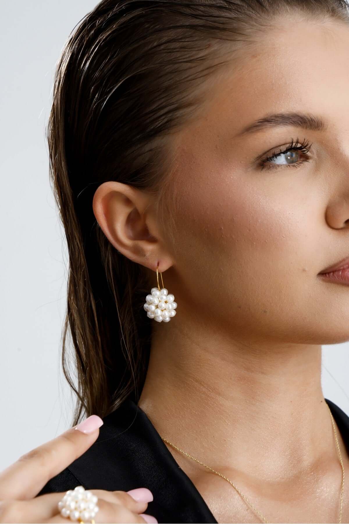 Prenses Model Doğal İnci Küpe Kolye Yüzük Üçlü Set | | Birinci1926