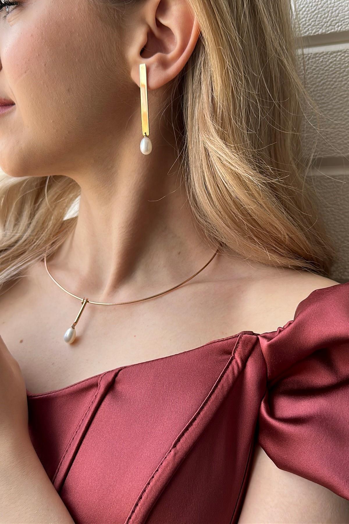 Doğal İnci Choker Küpe Kolye İkili Set