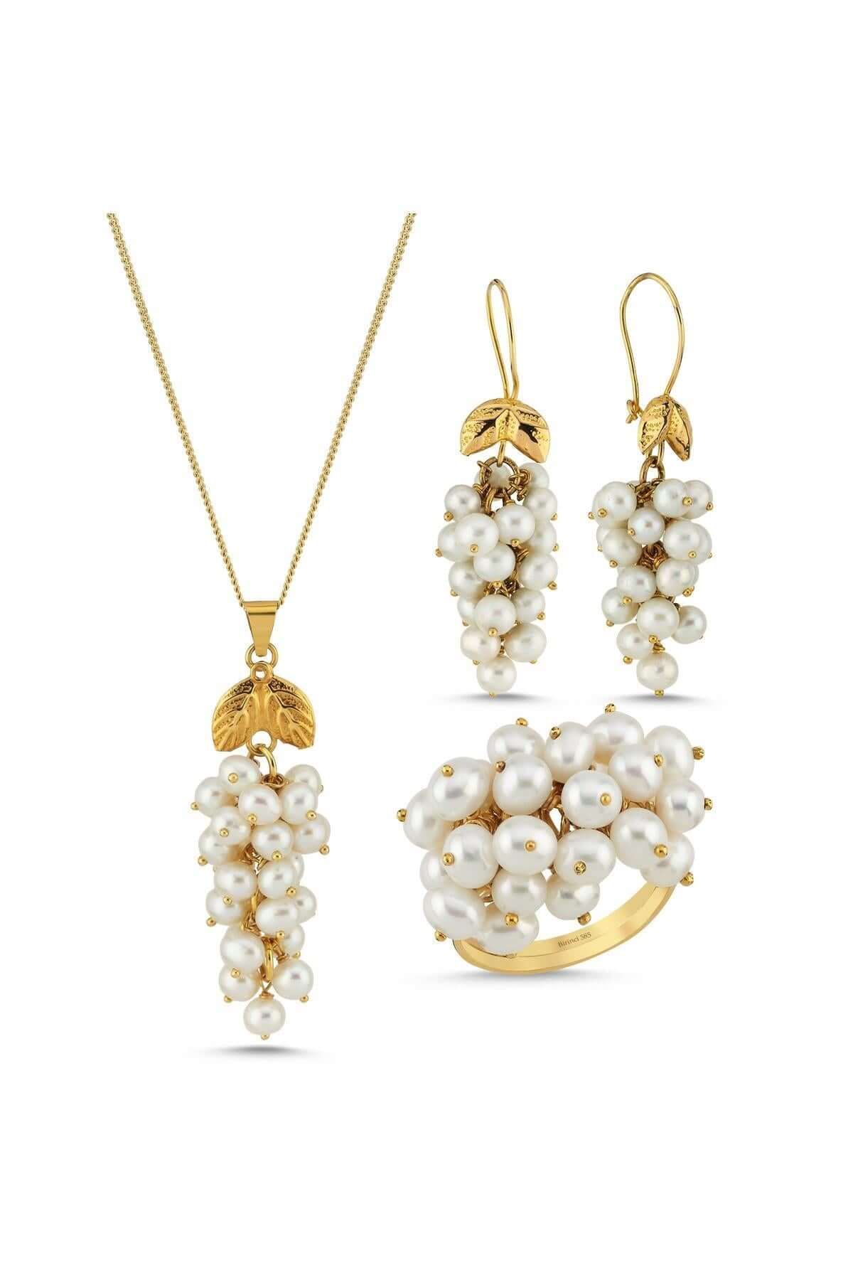 Üzüm Salkımı Doğal İnci Küpe Kolye Yüzük Üçlü Set | | Birinci1926