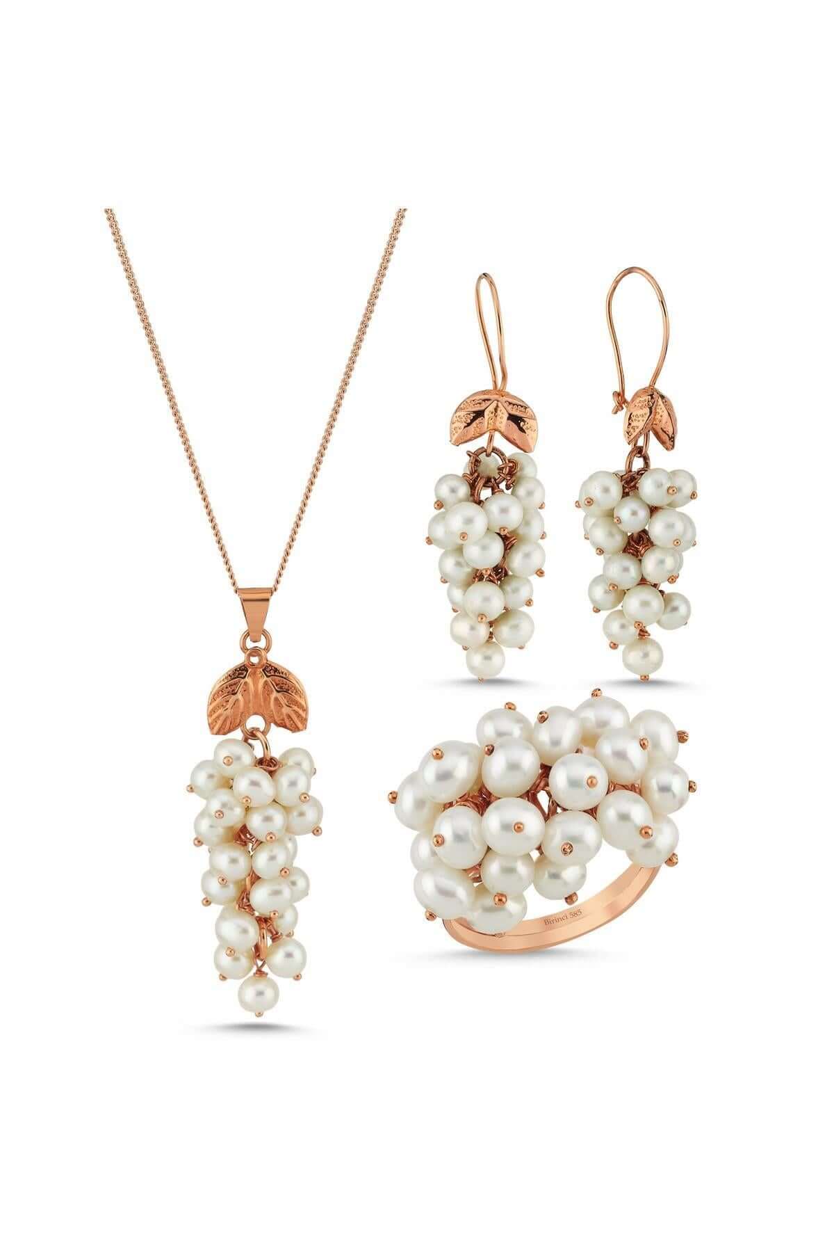 Üzüm Salkımı Doğal İnci Küpe Kolye Yüzük Üçlü Set | | Birinci1926