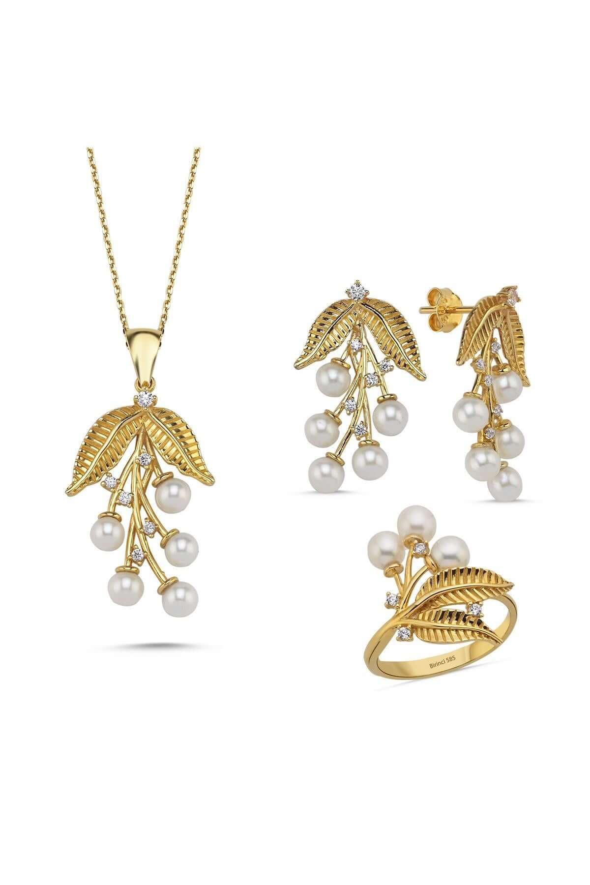 Zeytin Dalı Doğal İncili Küpe Kolye Yüzük Üçlü Set