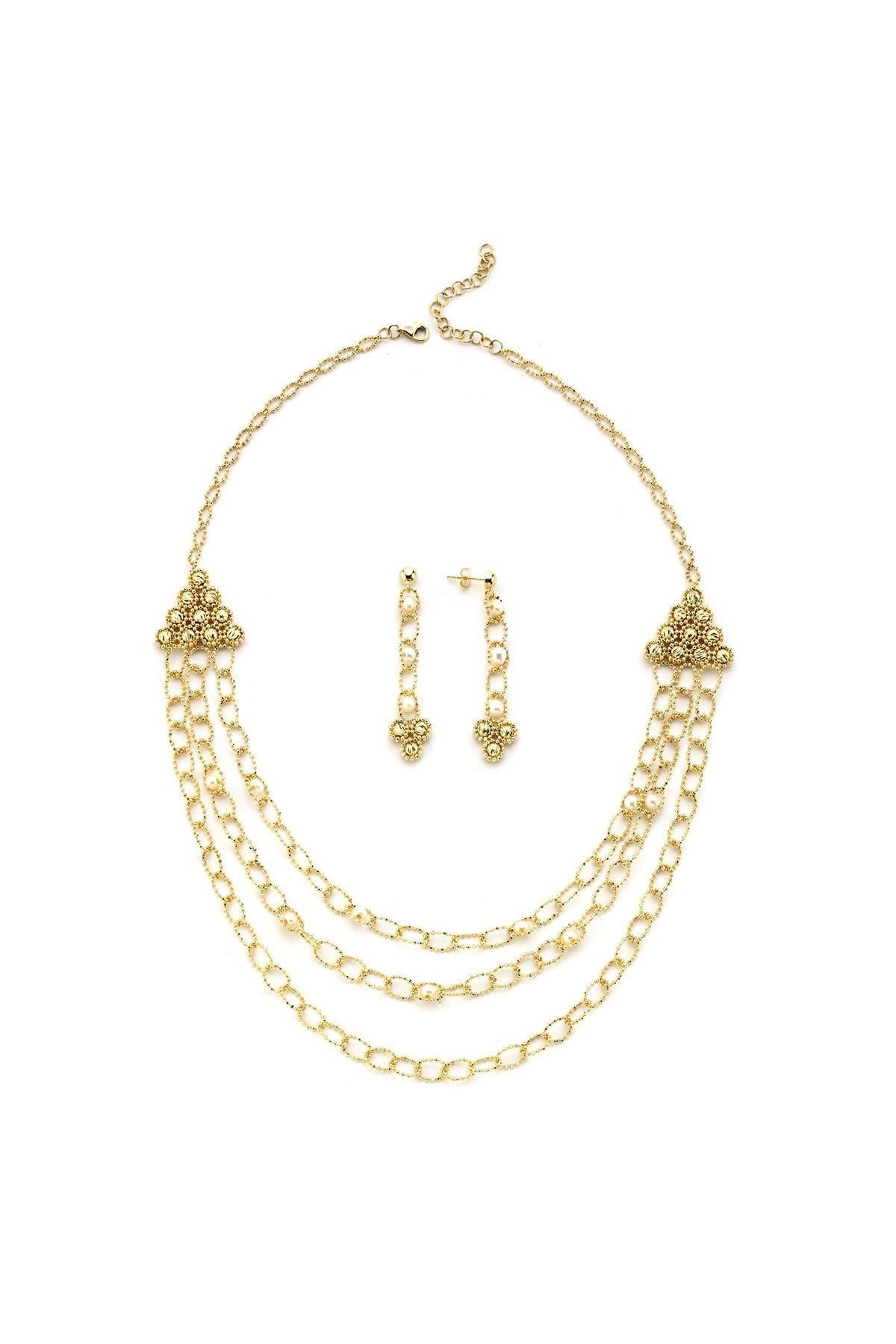 Dorikalı 3 Sıra Doğal İncili Küpe Kolye İkili Set