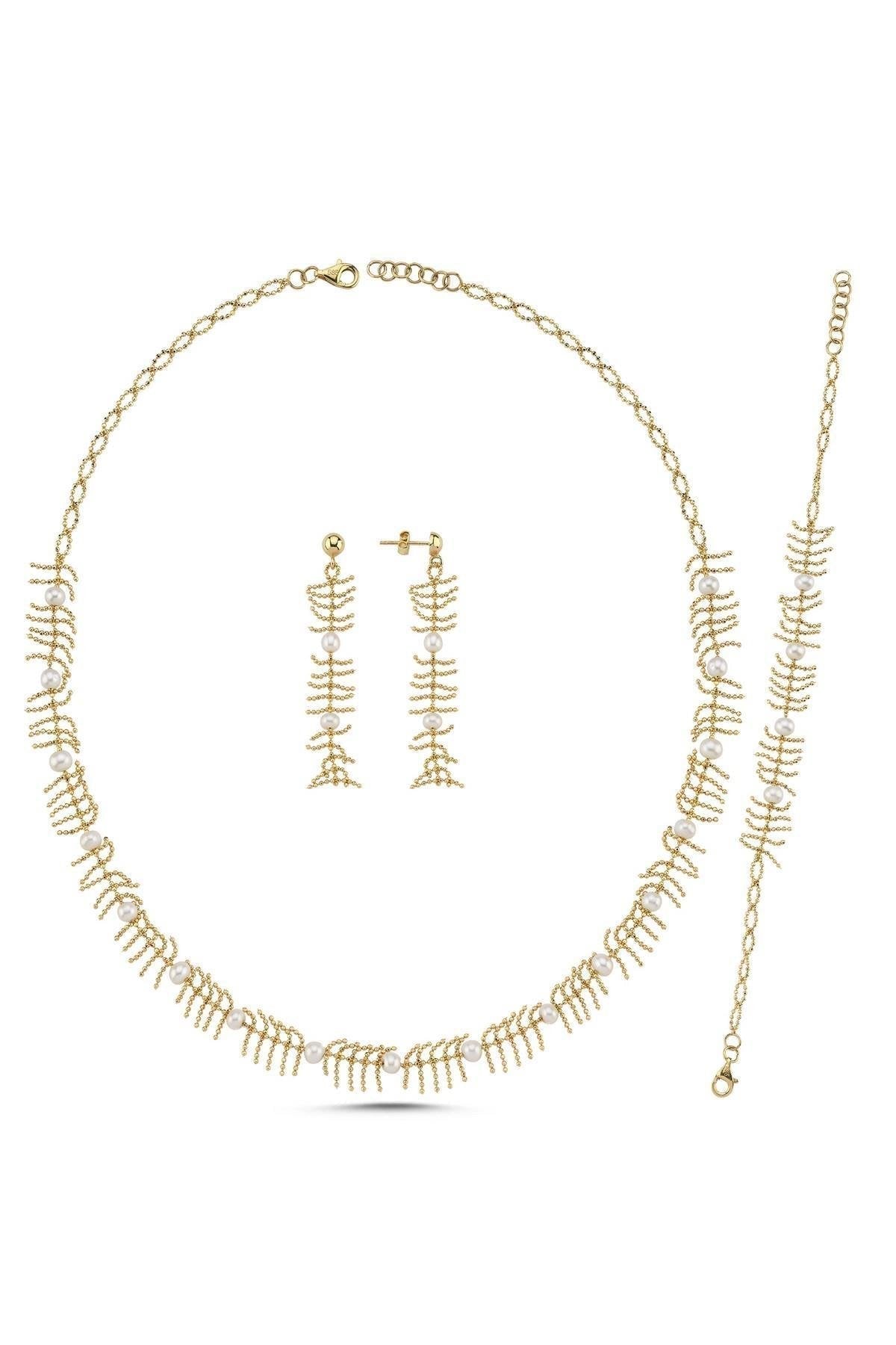 Kılçık Model Doğal İncili Küpe Kolye Bileklik Üçlü Set