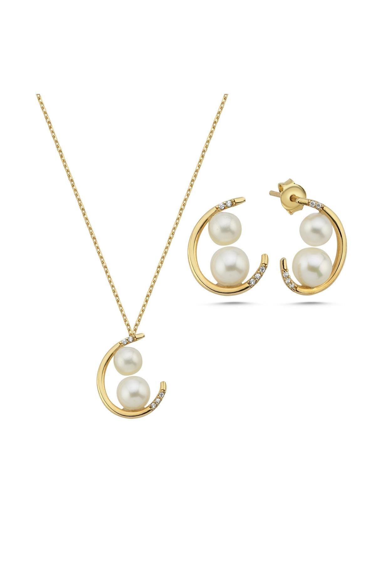 Çift Doğal İncili Küpe Kolye İkili Set