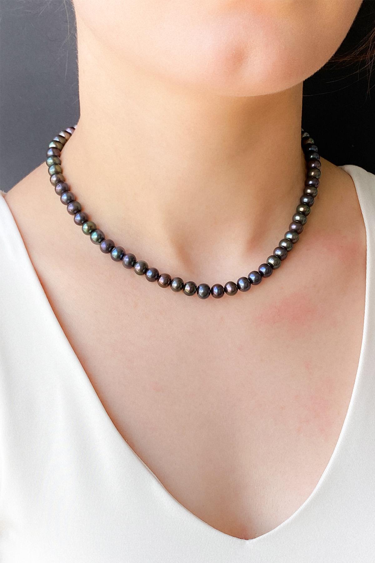 Siyah İnci Küpe Kolye Bileklik Üçlü Set