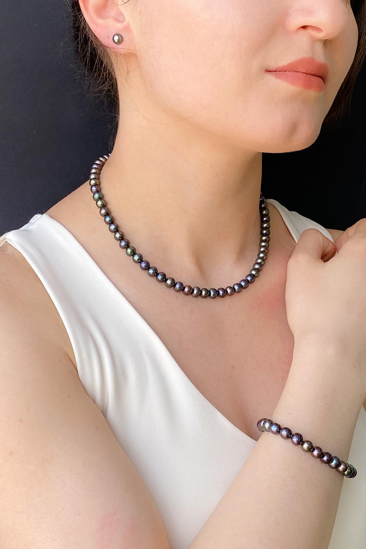 Siyah İnci Küpe Kolye Bileklik Üçlü Set