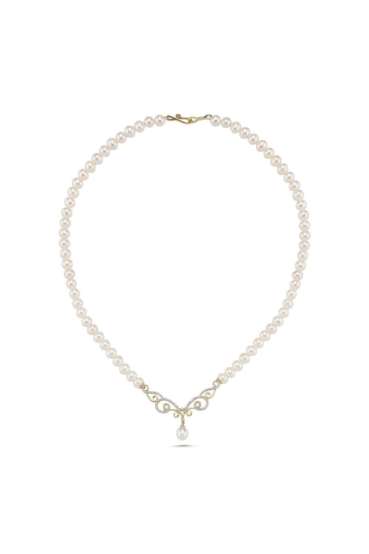 Zirkon Taşlı Doğal İnci Kolye