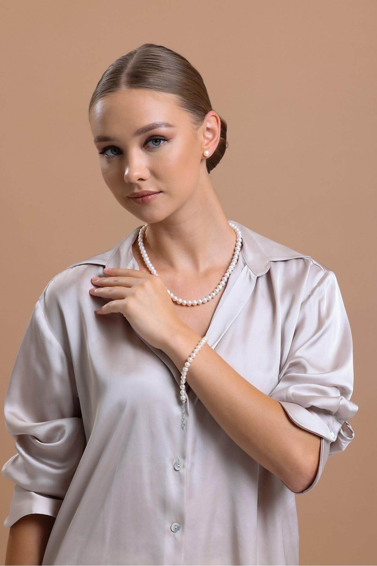 Sıralı Doğal İnci Kolye Bileklik İkili Set