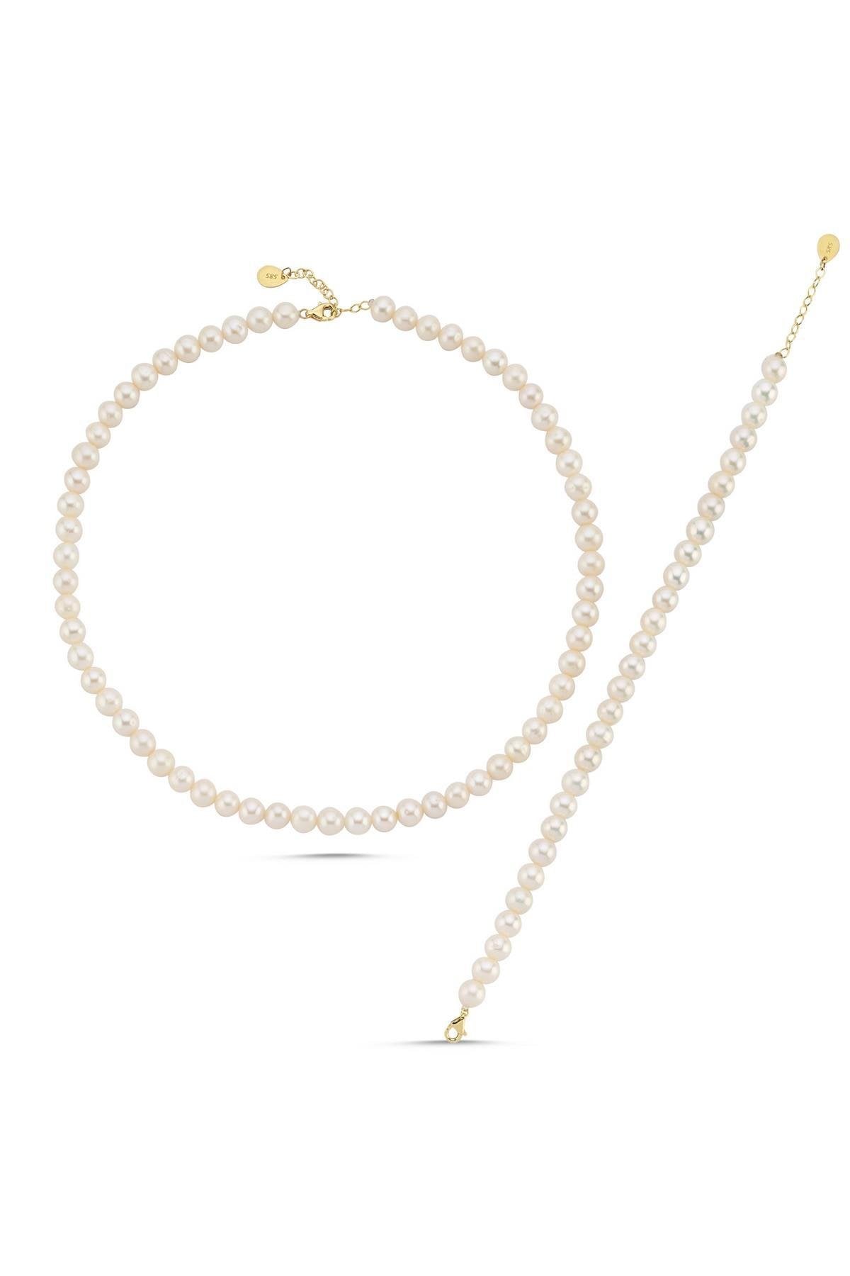 Sıralı Doğal İnci Kolye Bileklik İkili Set