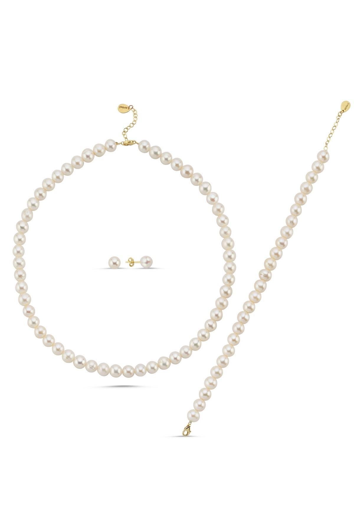 Sıralı Doğal İnci Küpe Kolye Bileklik Üçlü Set