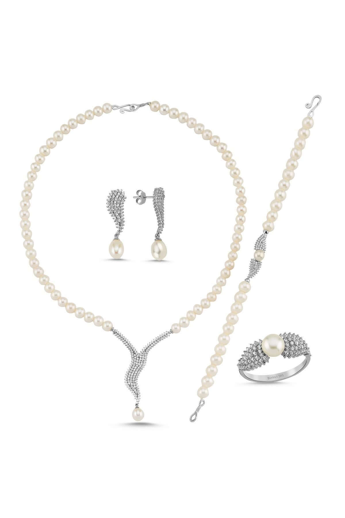 Su Yolu Taşlı Doğal İnci Küpe Kolye Bileklik Yüzük Dörtlü Set