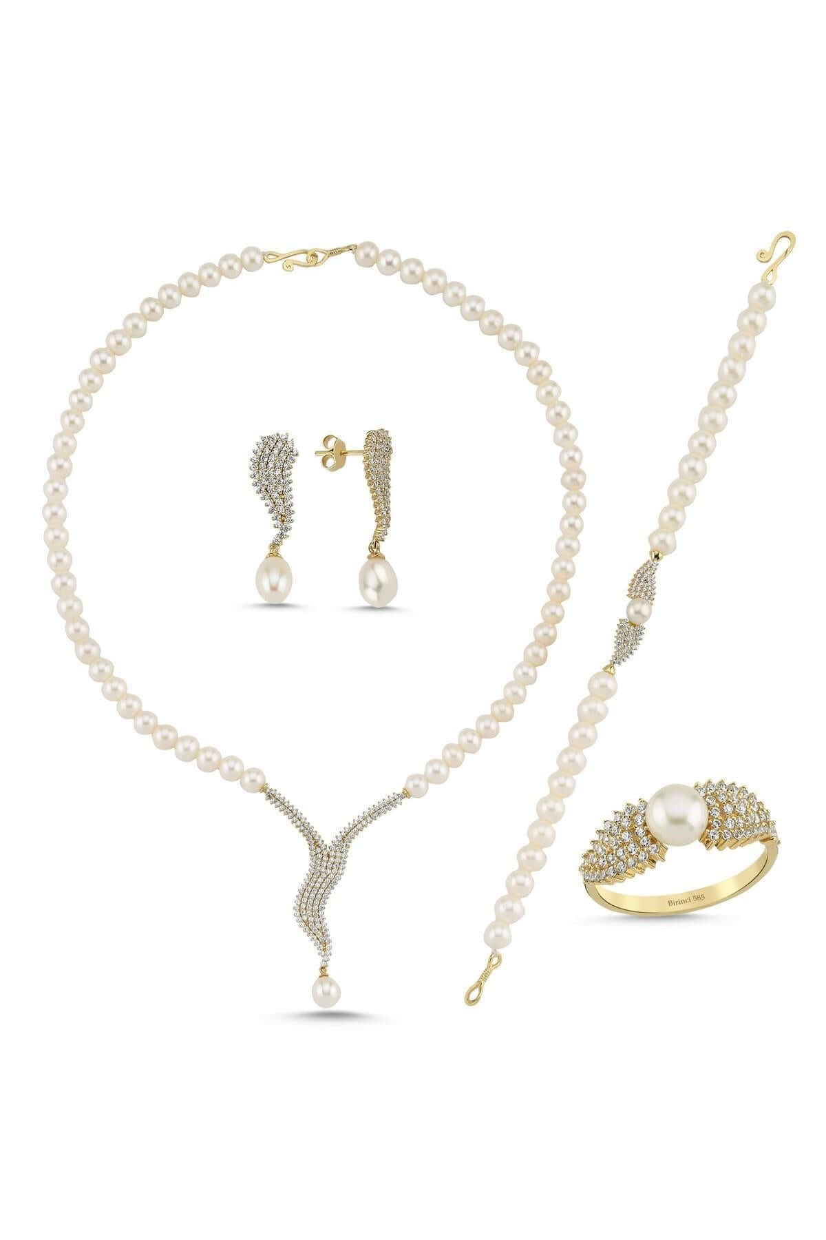 Su Yolu Taşlı Doğal İnci Küpe Kolye Bileklik Yüzük Dörtlü Set