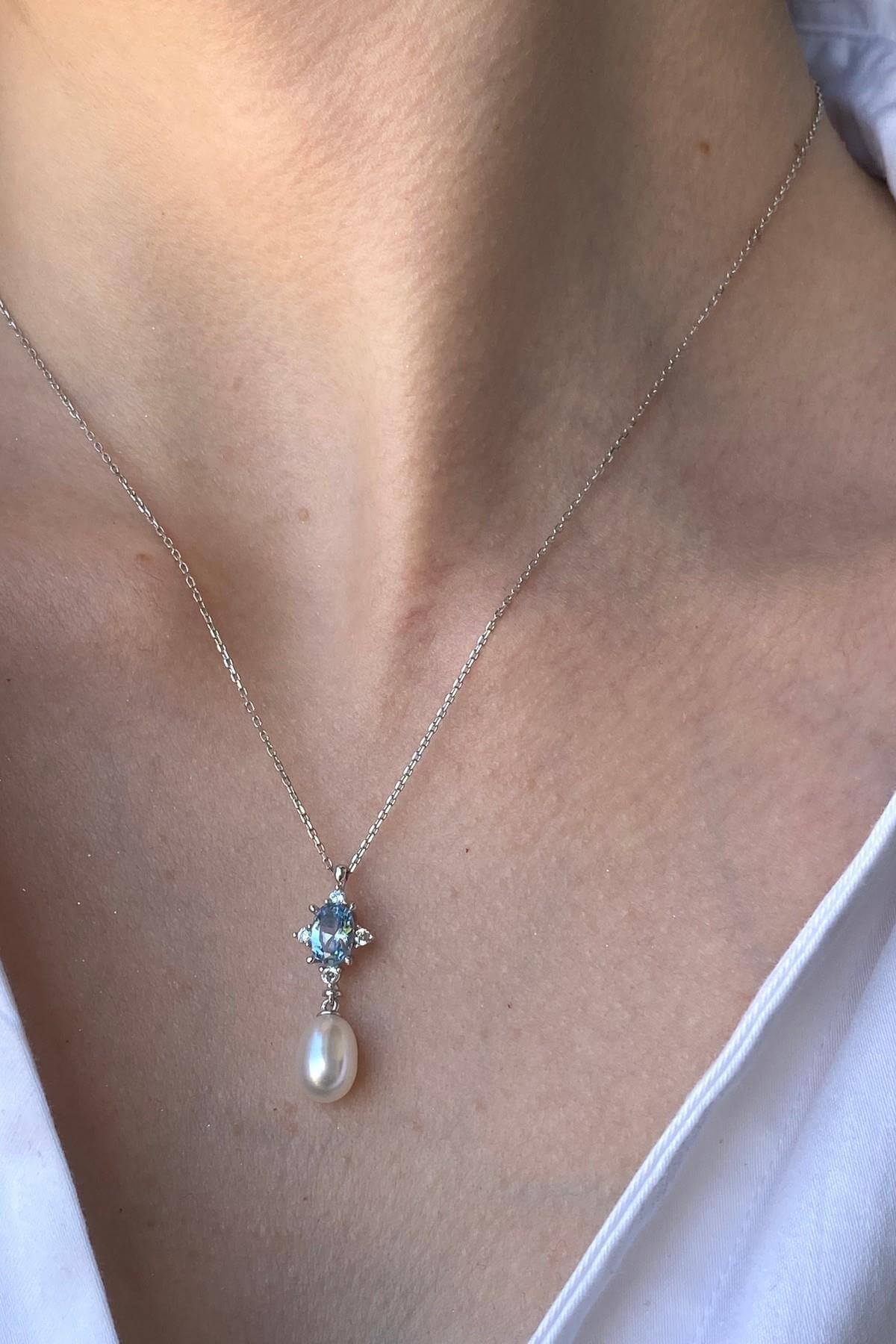 Mavi Taşlı Doğal İnci Kolye | | Birinci1926