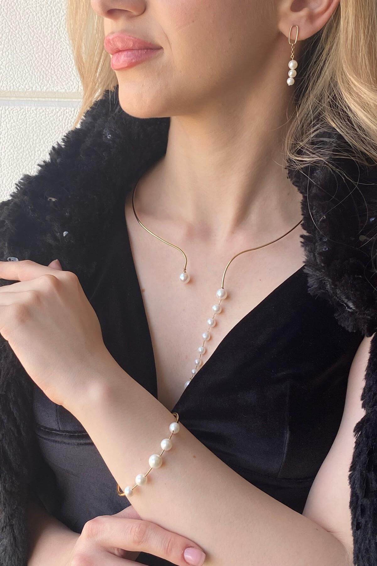 Sallantılı Doğal İnci Küpe Kolye Bileklik Üçlü Set