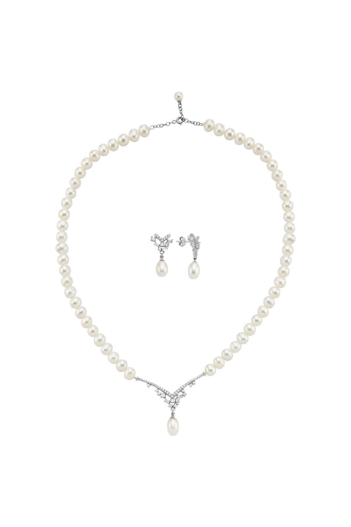 Taşlı Doğal İnci Sallantılı Küpe Kolye İkili Set