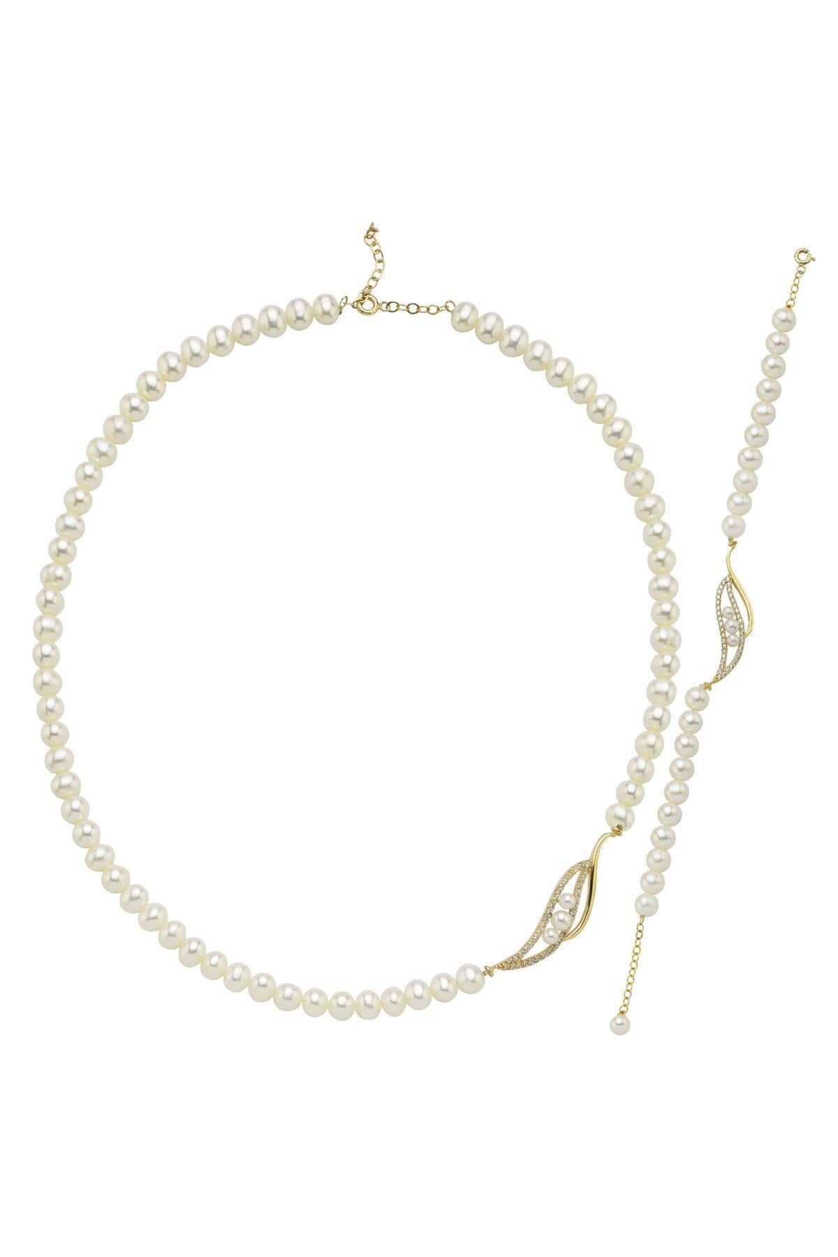 Yaprak Taşlı Doğal İnci Kolye Bileklik İkili Set | | Birinci1926