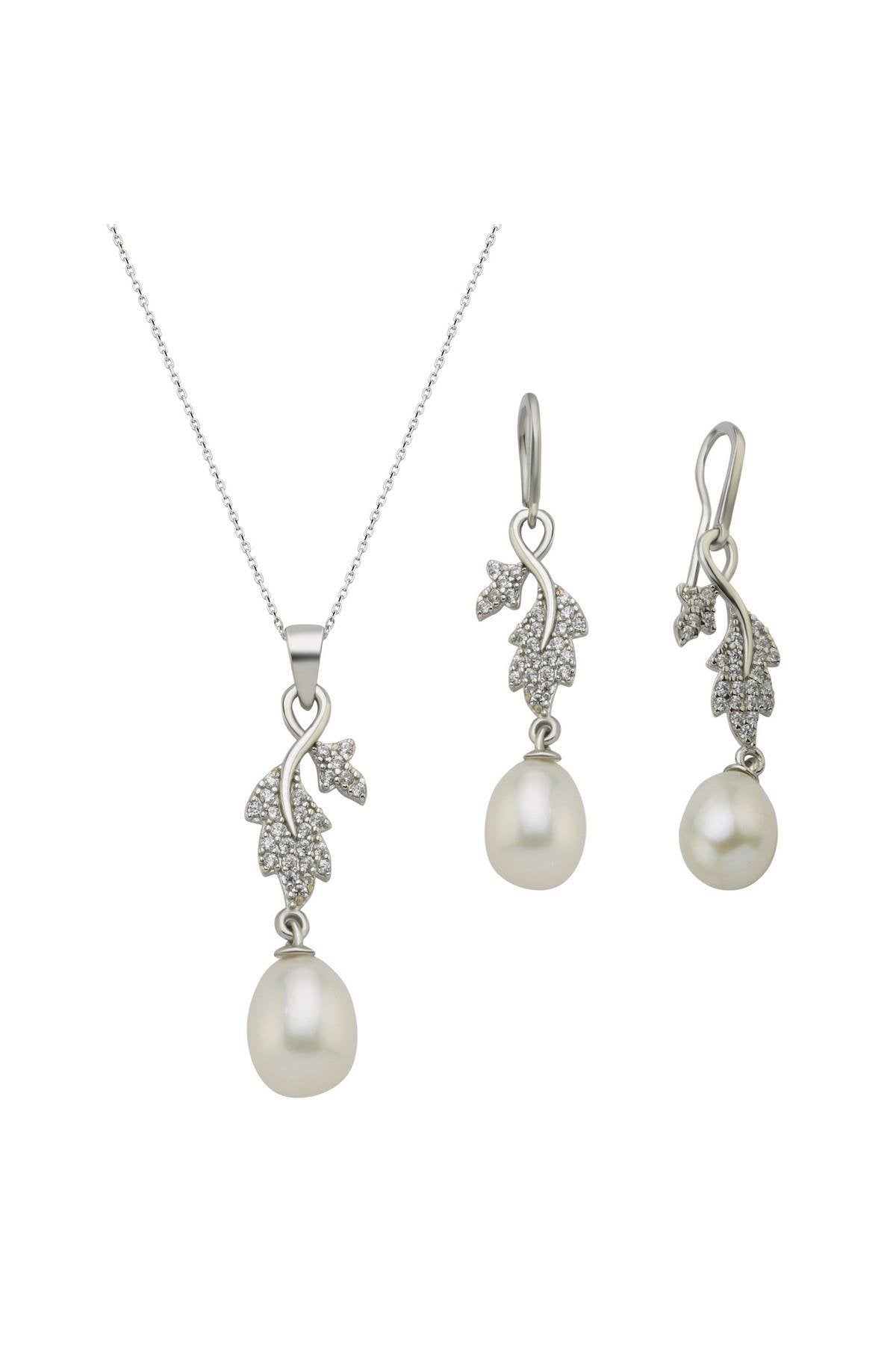 Yaprak Taşlı Doğal İnci Sallantılı Küpe Kolye İkili Set