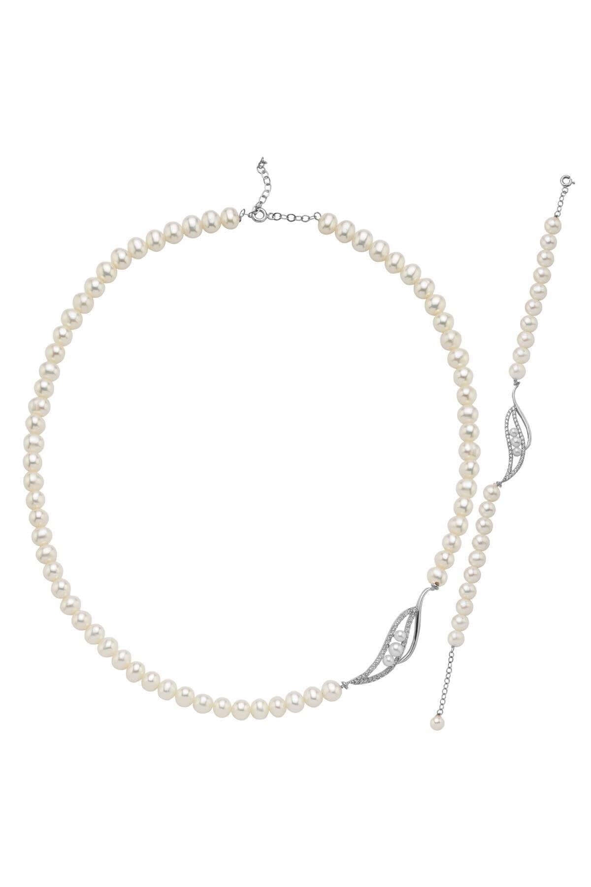 Yaprak Taşlı Doğal İnci Kolye Bileklik İkili Set | | Birinci1926