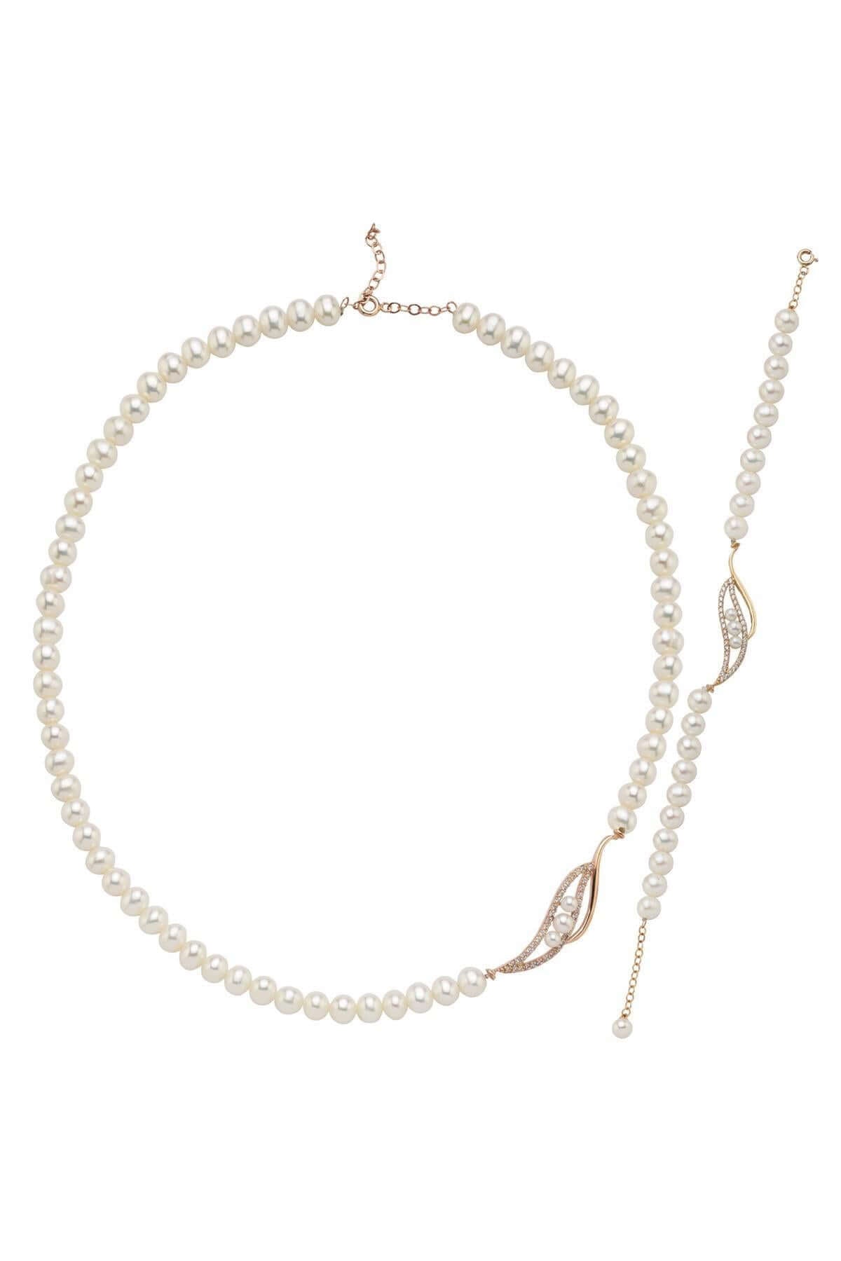 Yaprak Taşlı Doğal İnci Kolye Bileklik İkili Set | | Birinci1926