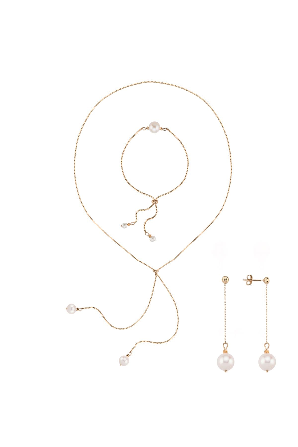 Asansörlü Doğal İnci Küpe Kolye Bileklik Üçlü Set