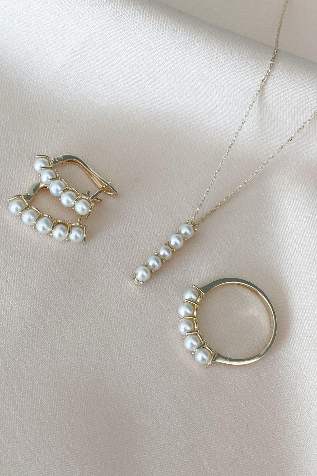 Beş Doğal İncili Küpe Kolye Yüzük Üçlü Set