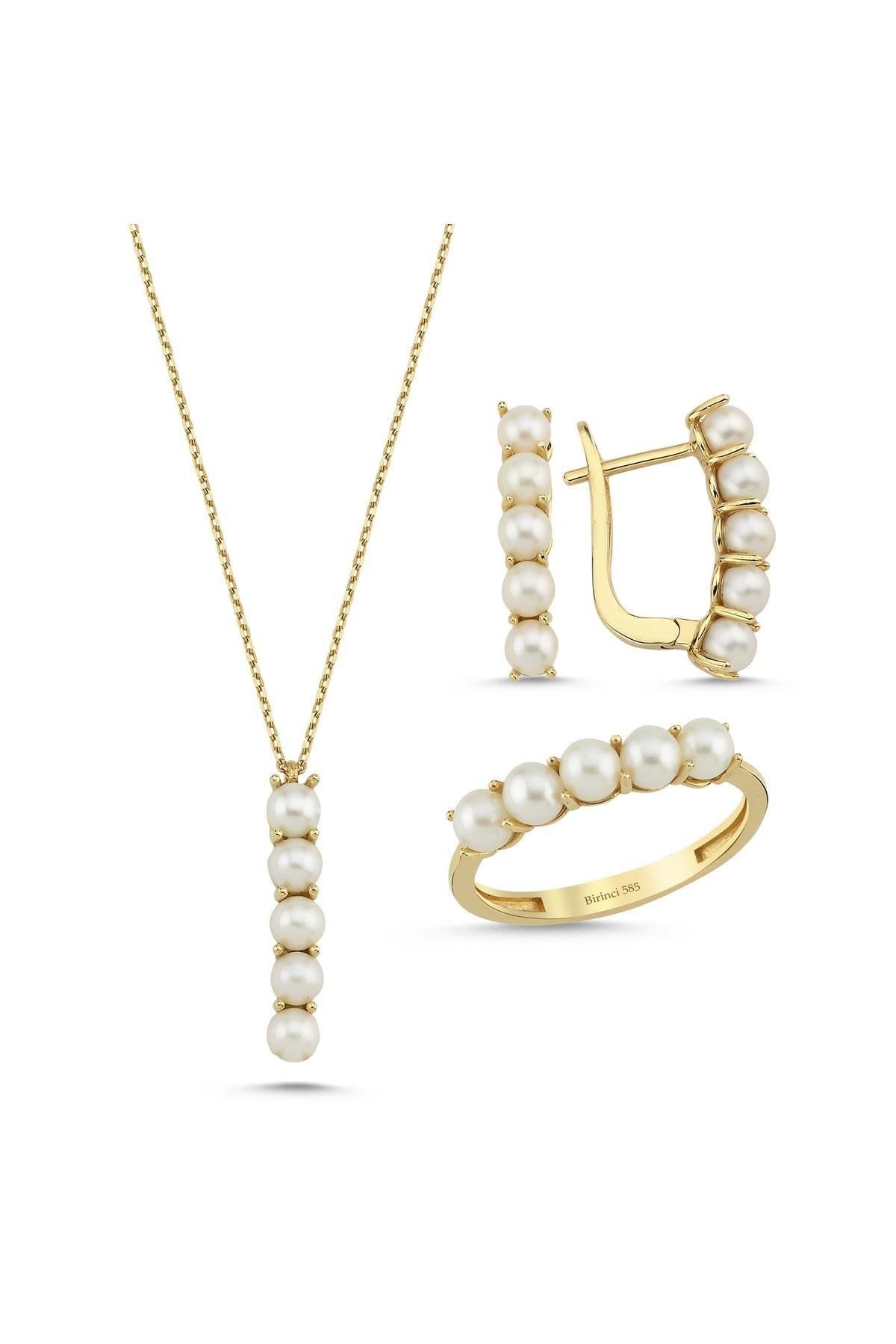 Beş Doğal İncili Küpe Kolye Yüzük Üçlü Set