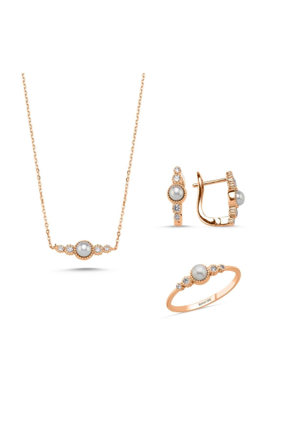 Çıtır Doğal İncili 0,40 Karat Pırlanta Küpe Kolye Yüzük Üçlü Set