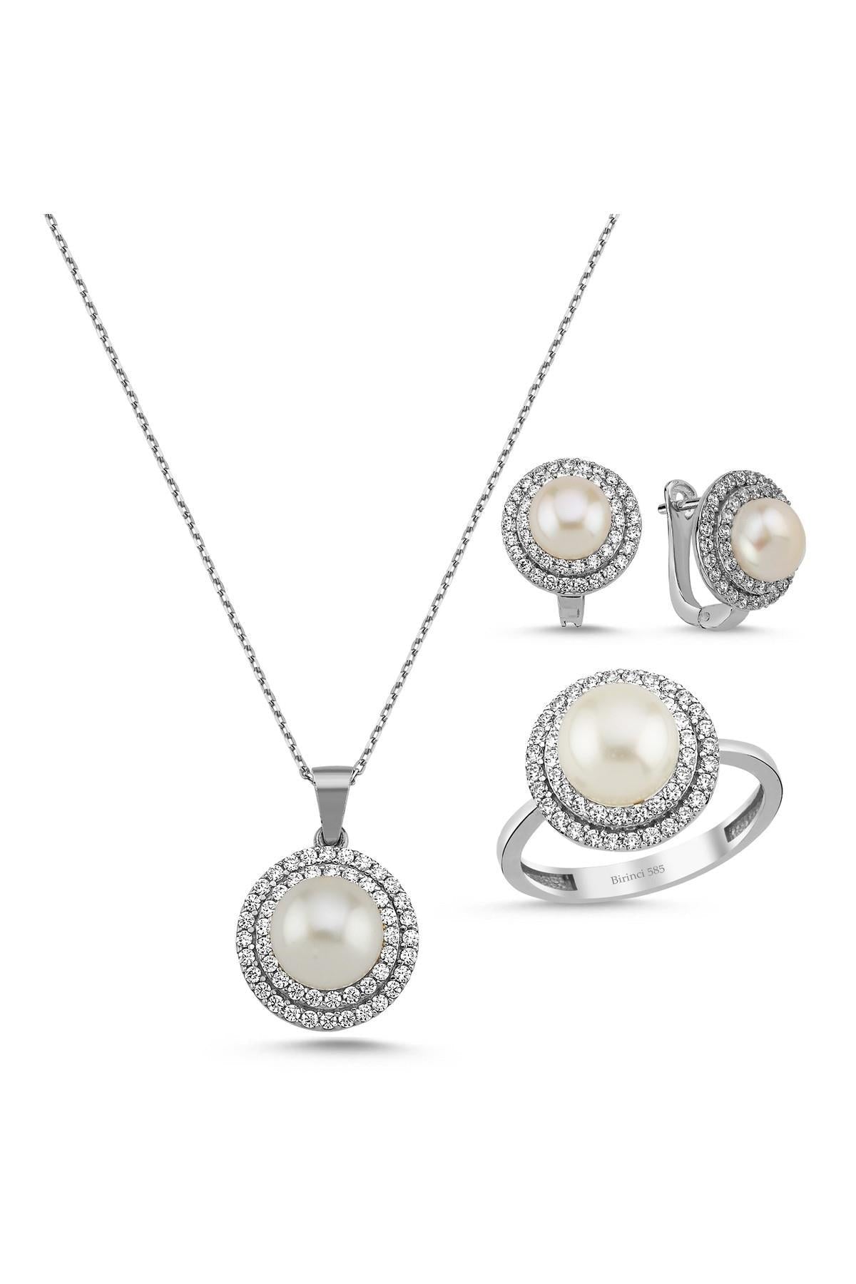 Doğal İnci Taşlı Küpe Kolye Yüzük Üçlü Set | | Birinci1926